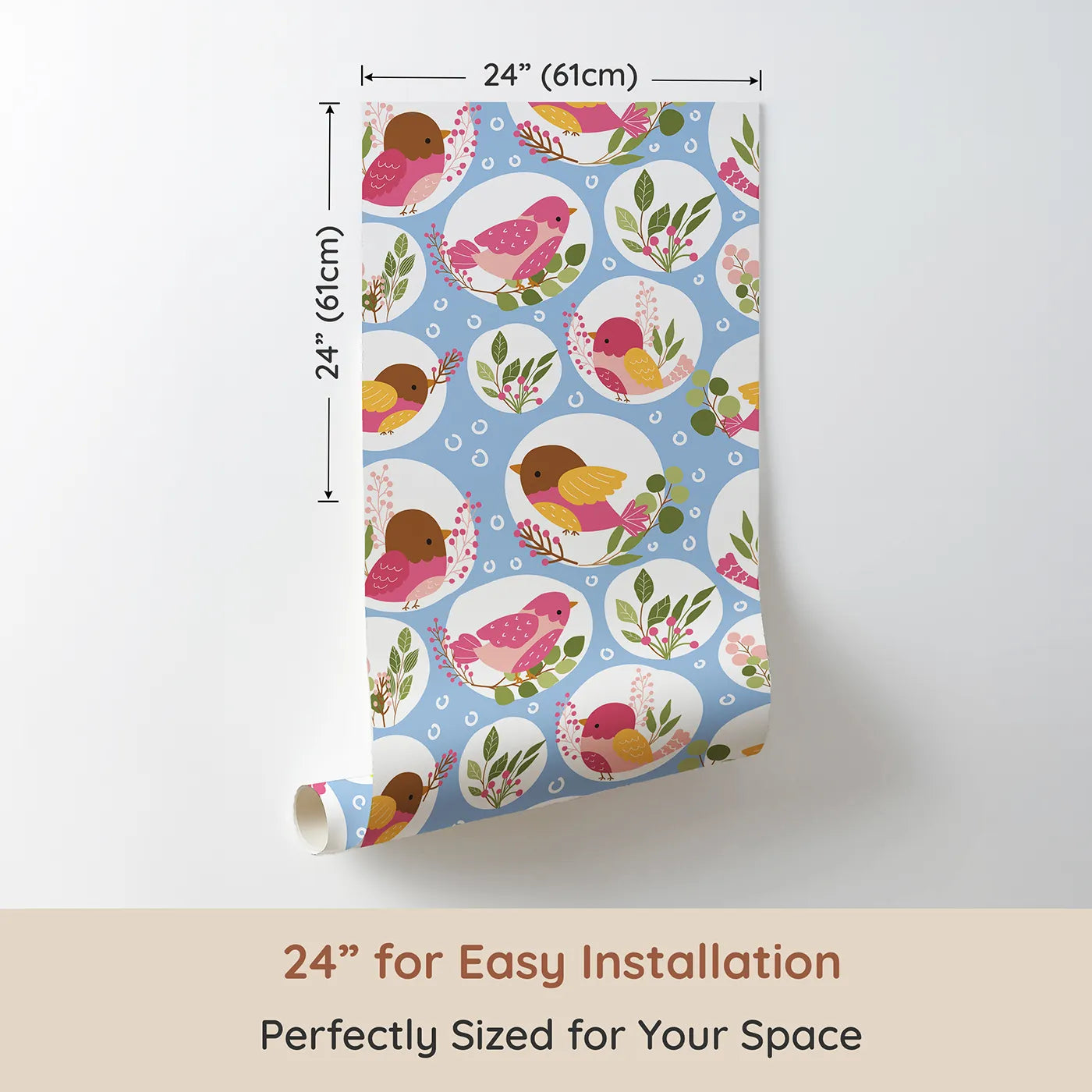 Dimension view of Whimsy Tots Garden Songbird Parade Wallpaper in Blue (W3066D). Printed in 24-inch-wide panel for easy installation. Cheerful birds perch among greenery on a sky-blue field of joy.
