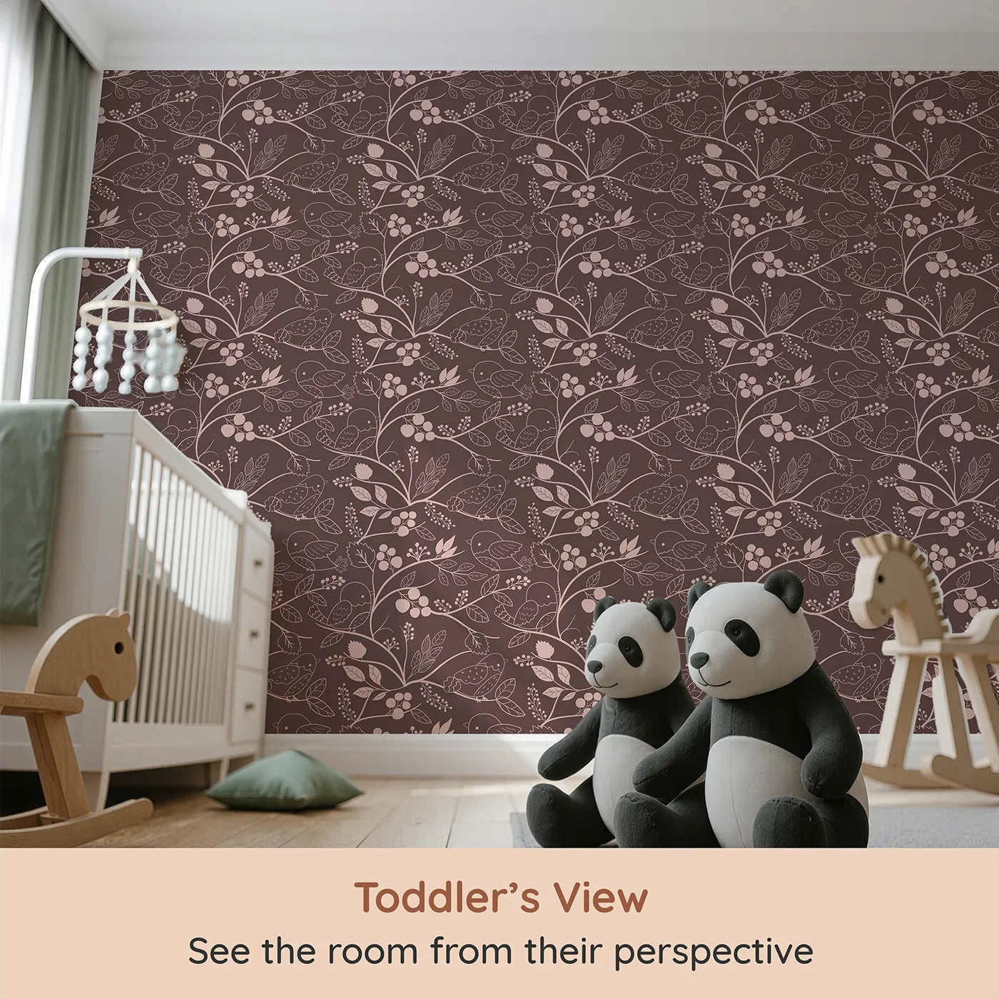 Whimsy Tots Woodland Silhouette Birds Wallpaper in Cocoa Brown (W3067A) from your child's view.Charming birds and berry branches nestle into deep cocoa tones.
