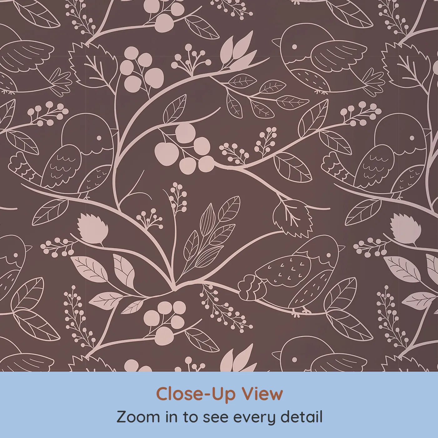 Close-up view of Whimsy Tots' Woodland Silhouette Birds Wallpaper in Cocoa Brown (W3067A).Charming birds and berry branches nestle into deep cocoa tones.