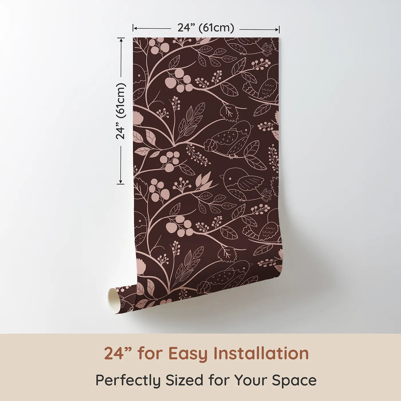 Dimension view of Whimsy Tots Woodland Silhouette Birds Wallpaper in Cocoa Brown (W3067A). Printed in 24-inch-wide panel for easy installation. Charming birds and berry branches nestle into deep cocoa tones.