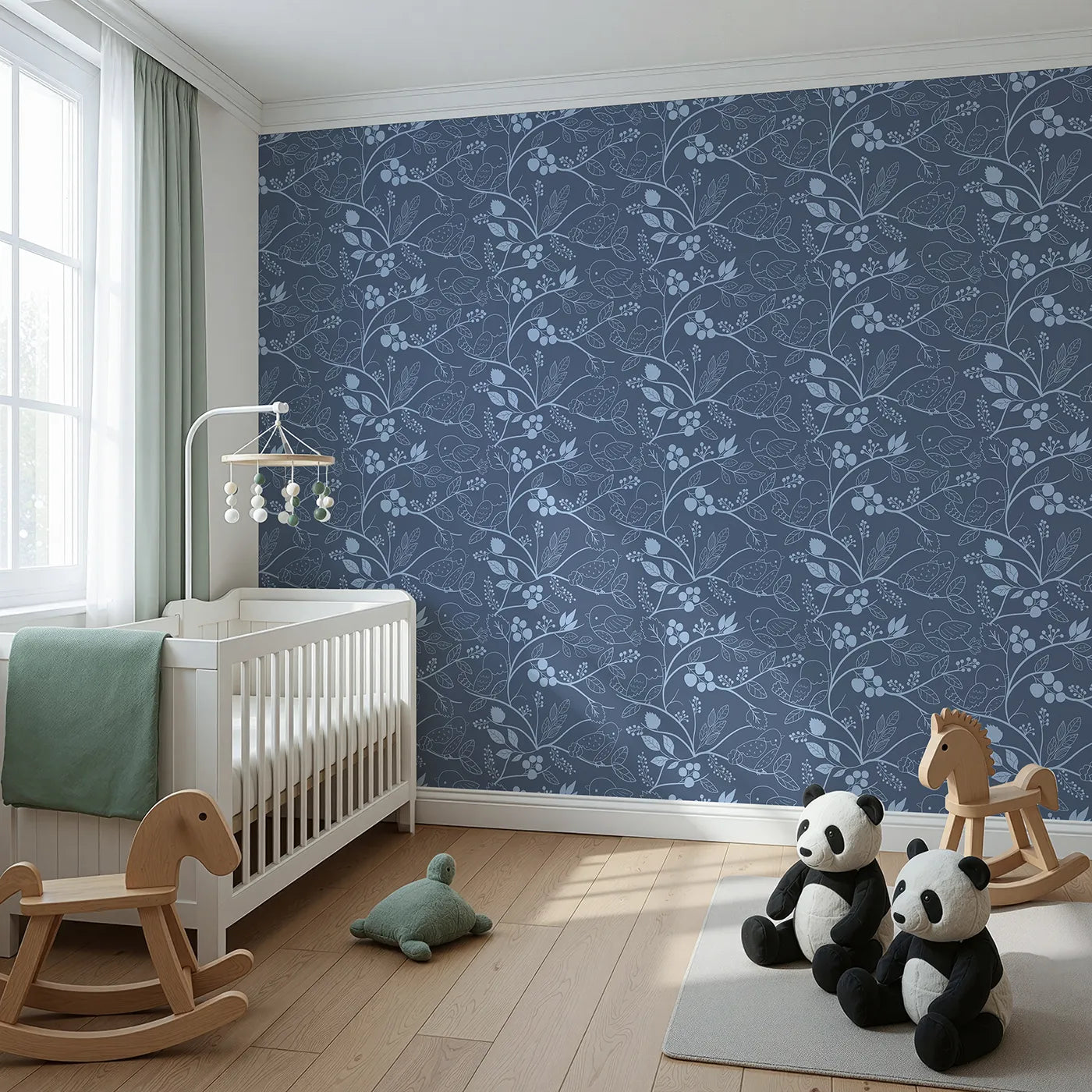 Angled view of Whimsy Tots' Woodland Silhouette Birds Wallpaper in Blue (W3067B).Gentle bird outlines perch quietly along leafy blue vines.