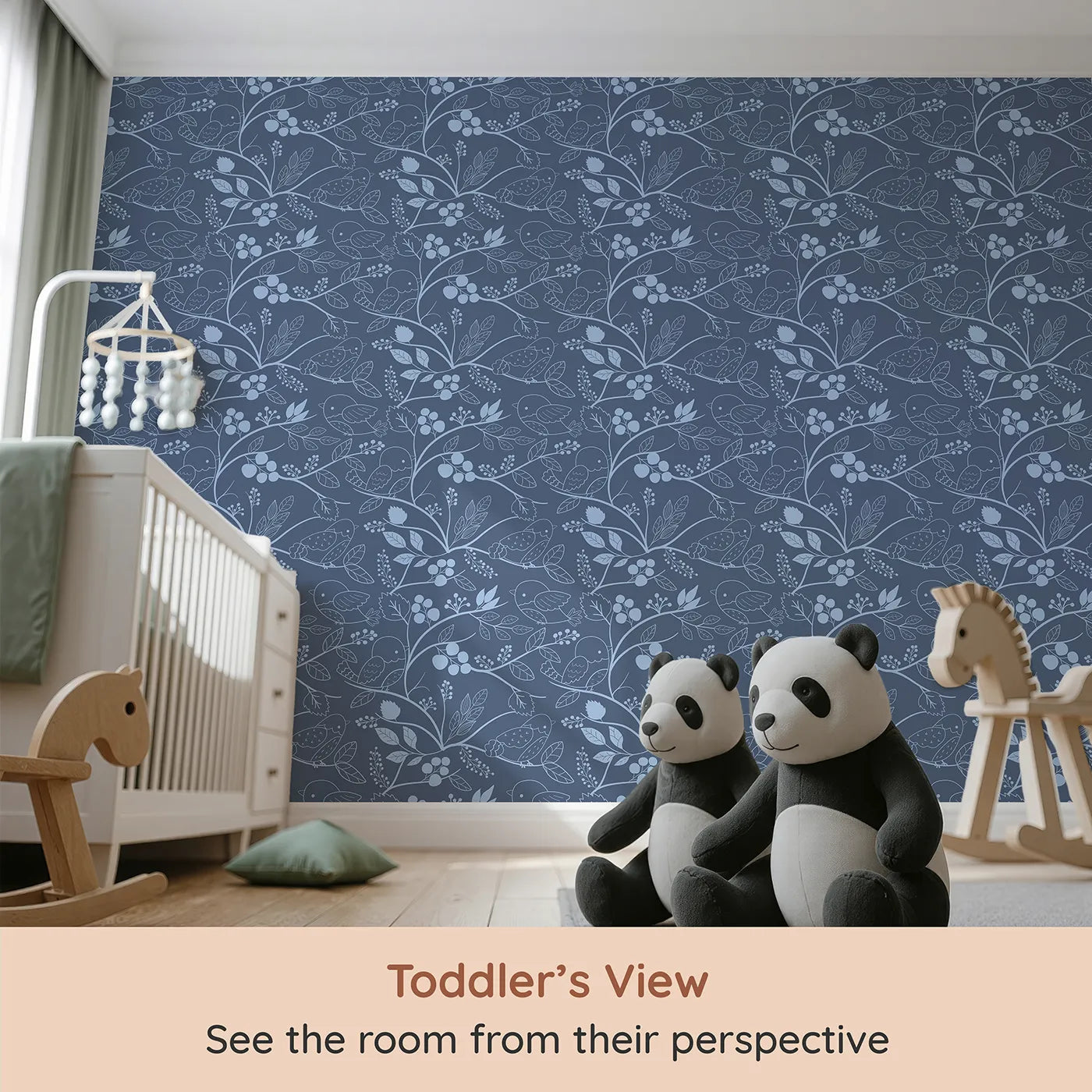 Whimsy Tots Woodland Silhouette Birds Wallpaper in Blue (W3067B) from your child's view.Gentle bird outlines perch quietly along leafy blue vines.