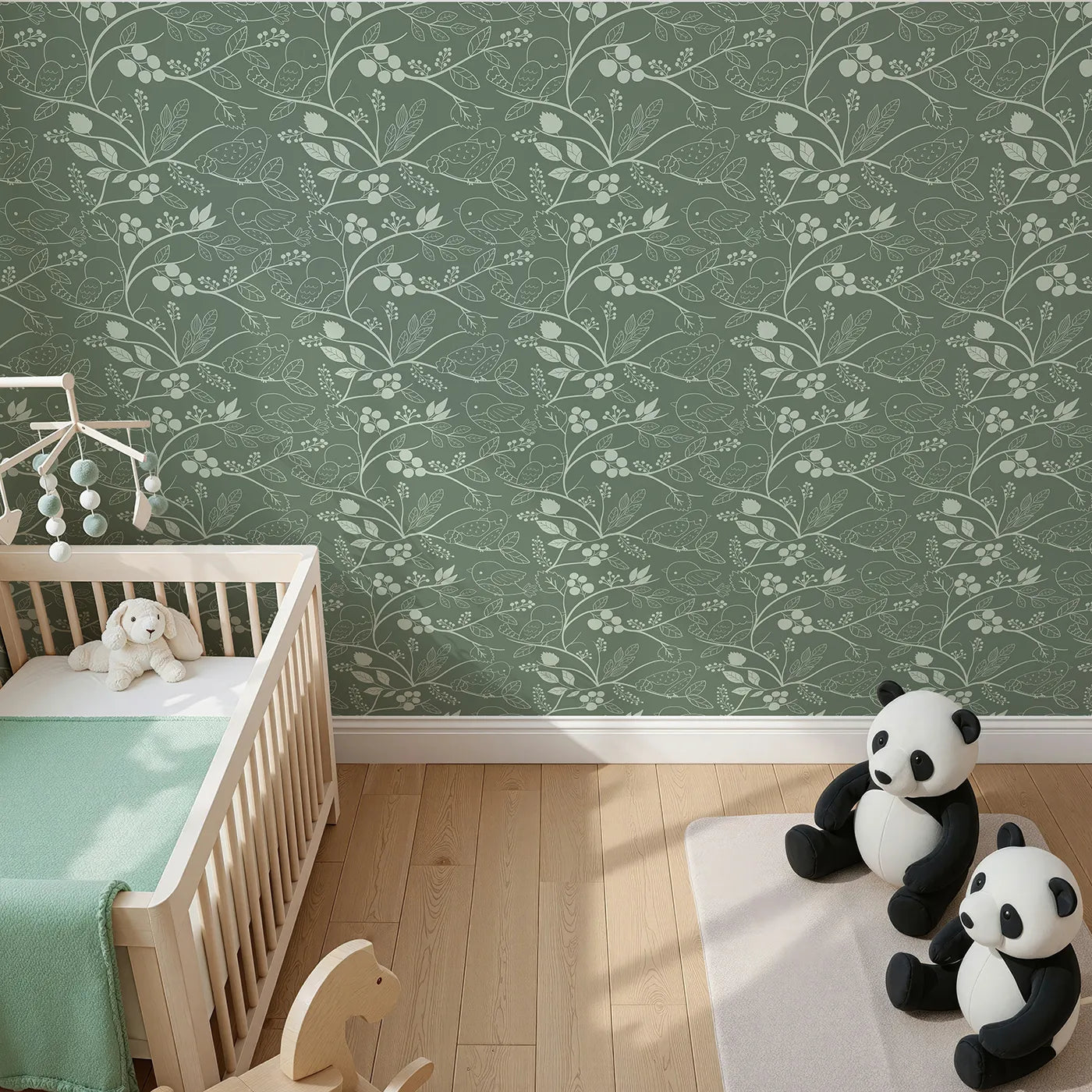 Top-Down view of Whimsy Tots' Woodland Silhouette Birds Wallpaper in Green (W3067C).Outlined birds and botanical vines wind softly across mossy green.