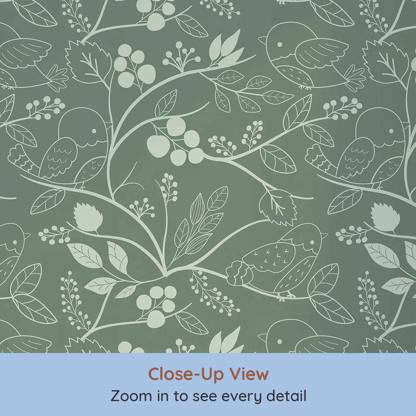 Close-up view of Whimsy Tots' Woodland Silhouette Birds Wallpaper in Green (W3067C).Outlined birds and botanical vines wind softly across mossy green.