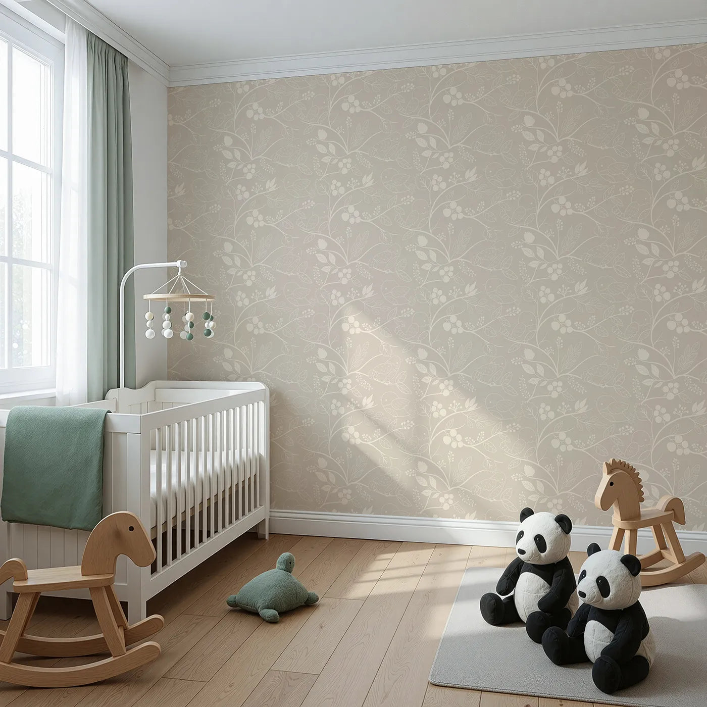 Angled view of Whimsy Tots' Woodland Silhouette Birds Wallpaper in Beige (W3067D).Outlined birds and branches glow softly on a warm beige field.