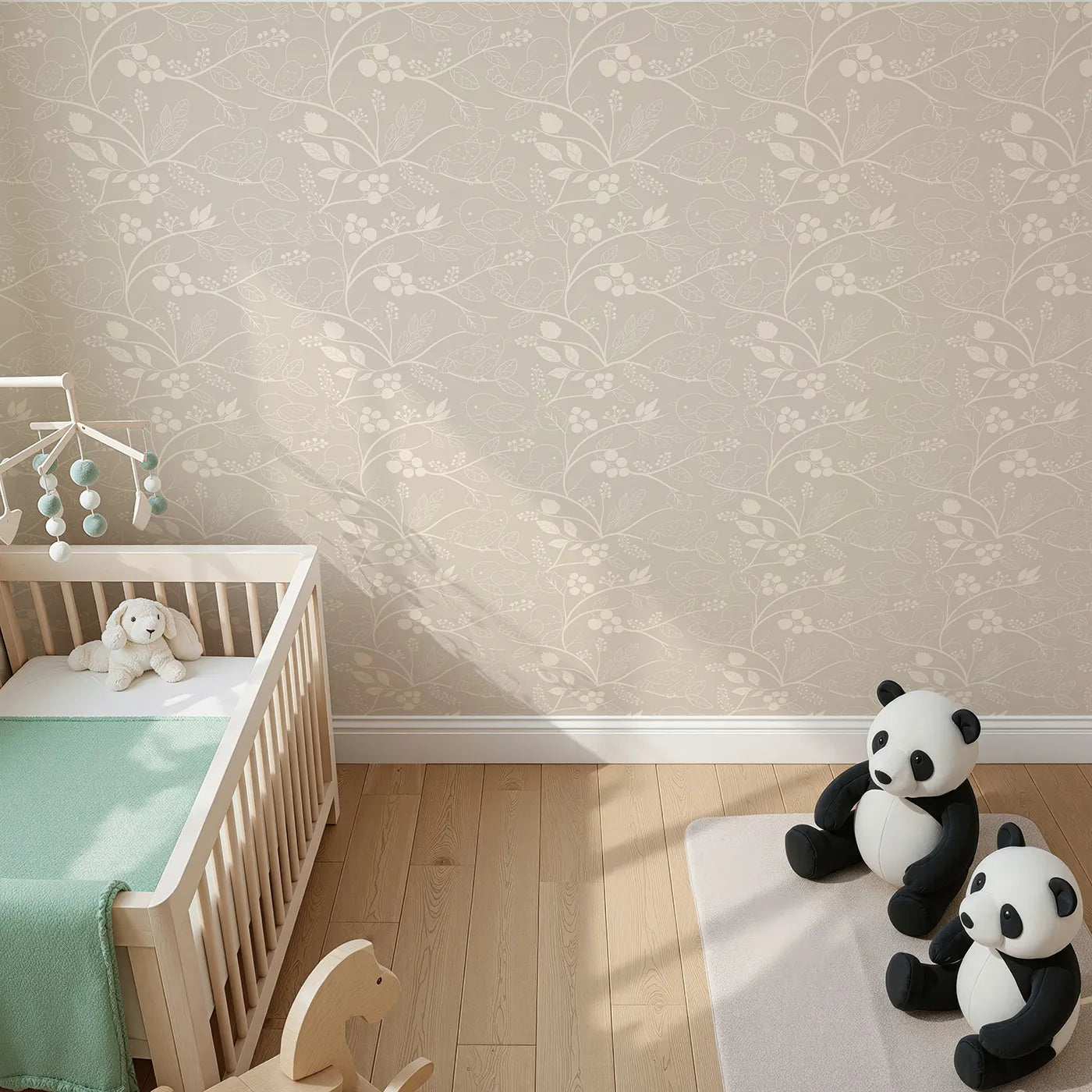 Top-Down view of Whimsy Tots' Woodland Silhouette Birds Wallpaper in Beige (W3067D).Outlined birds and branches glow softly on a warm beige field.