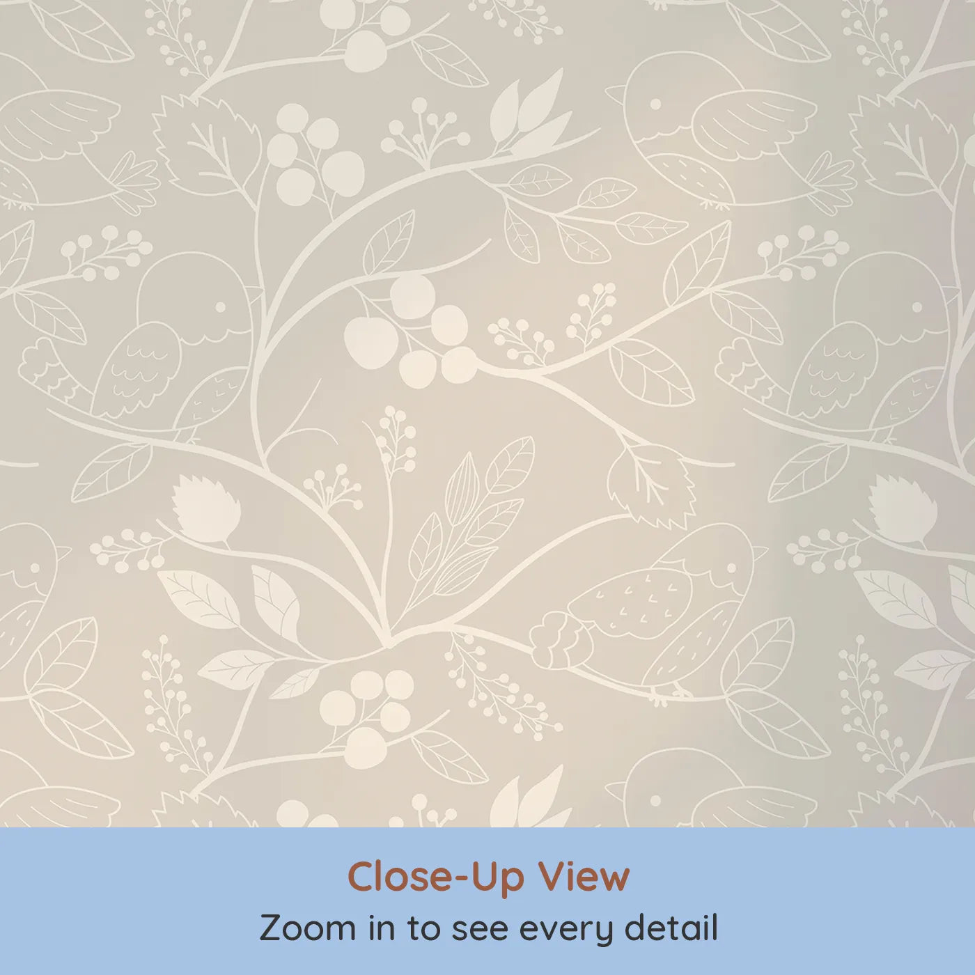 Close-up view of Whimsy Tots' Woodland Silhouette Birds Wallpaper in Beige (W3067D).Outlined birds and branches glow softly on a warm beige field.