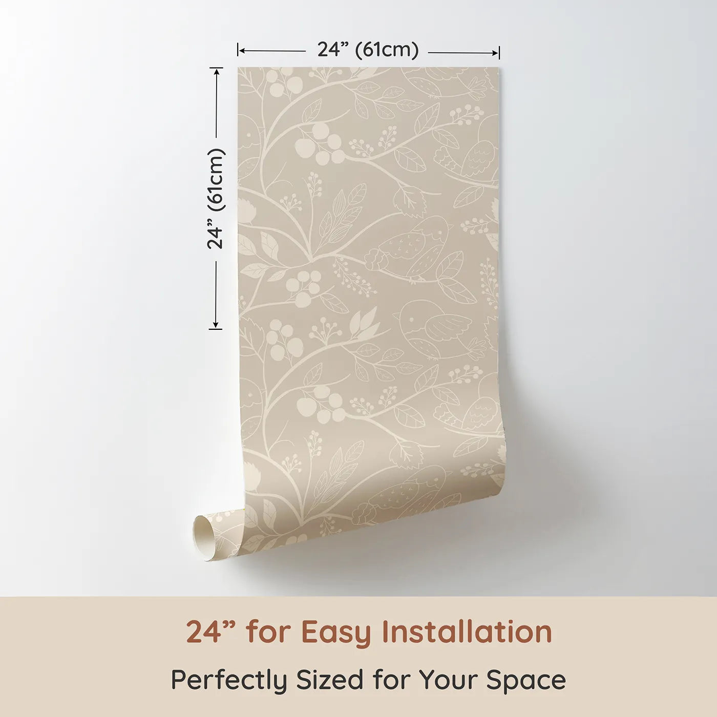 Dimension view of Whimsy Tots Woodland Silhouette Birds Wallpaper in Beige (W3067D). Printed in 24-inch-wide panel for easy installation. Outlined birds and branches glow softly on a warm beige field.