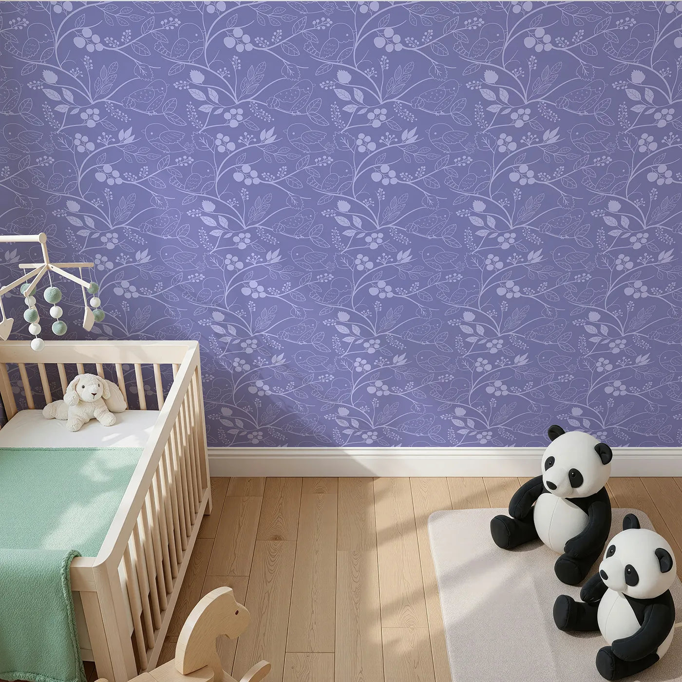 Top-Down view of Whimsy Tots' Woodland Silhouette Birds Wallpaper in Purple (W3067E).Birds and branches float softly across a dusky purple sky.