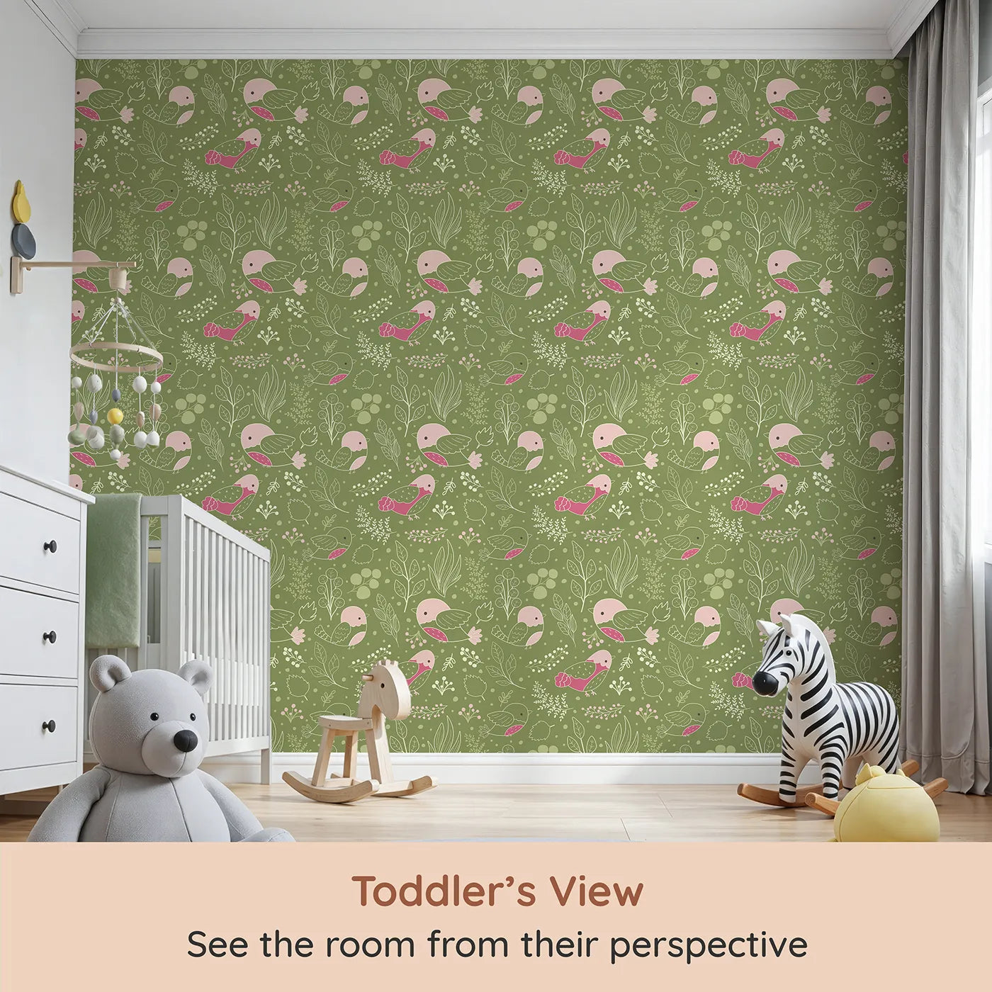 Whimsy Tots Woodland Garden Birds Wallpaper in Green (W3068) from your child's view.Gentle birds and line-drawn leaves flutter over a mossy green canvas.