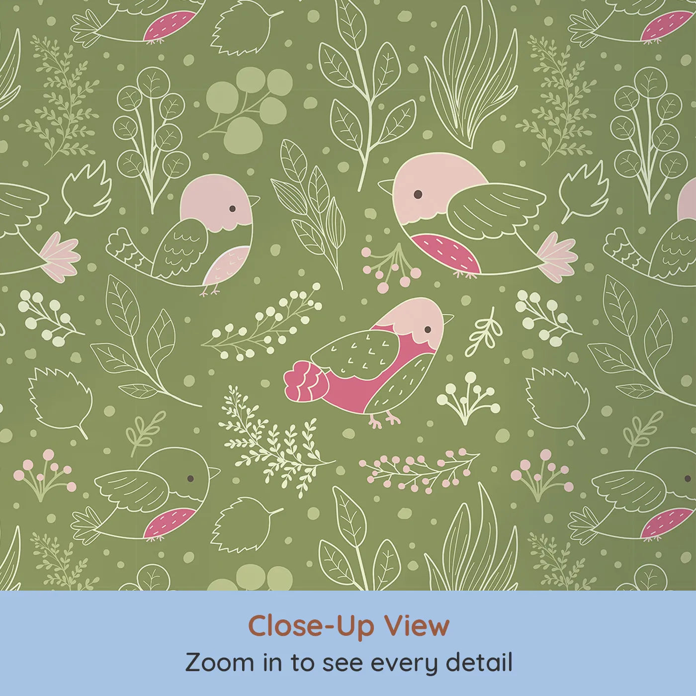 Close-up view of Whimsy Tots' Woodland Garden Birds Wallpaper in Green (W3068).Gentle birds and line-drawn leaves flutter over a mossy green canvas.