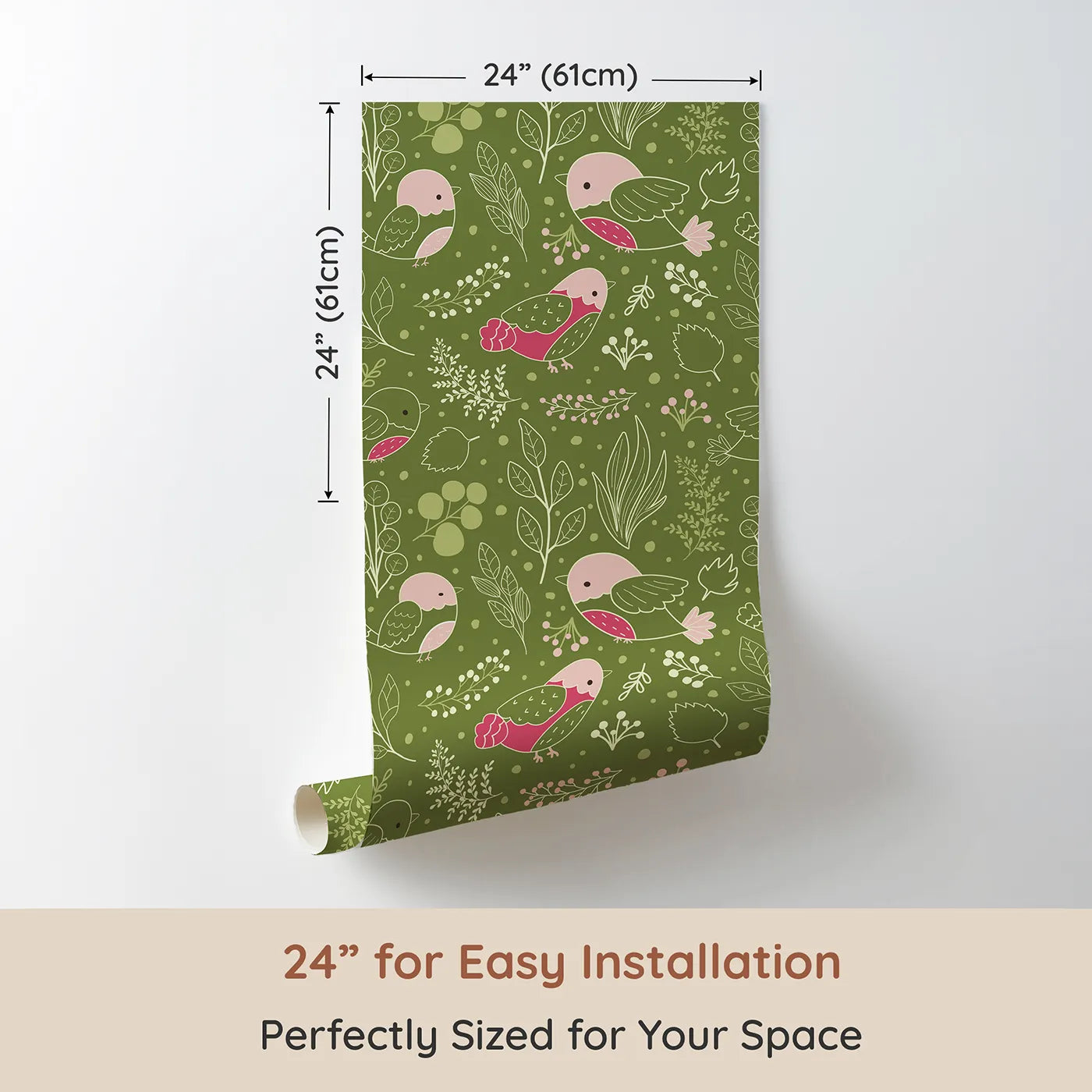 Dimension view of Whimsy Tots Woodland Garden Birds Wallpaper in Green (W3068). Printed in 24-inch-wide panel for easy installation. Gentle birds and line-drawn leaves flutter over a mossy green canvas.
