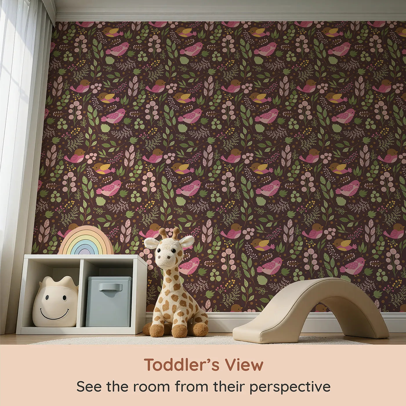 Whimsy Tots Bramble Songbird Garden Wallpaper in Cocoa Brown (W3069A) from your child's view.Pink songbirds flutter among leaves and berries.
