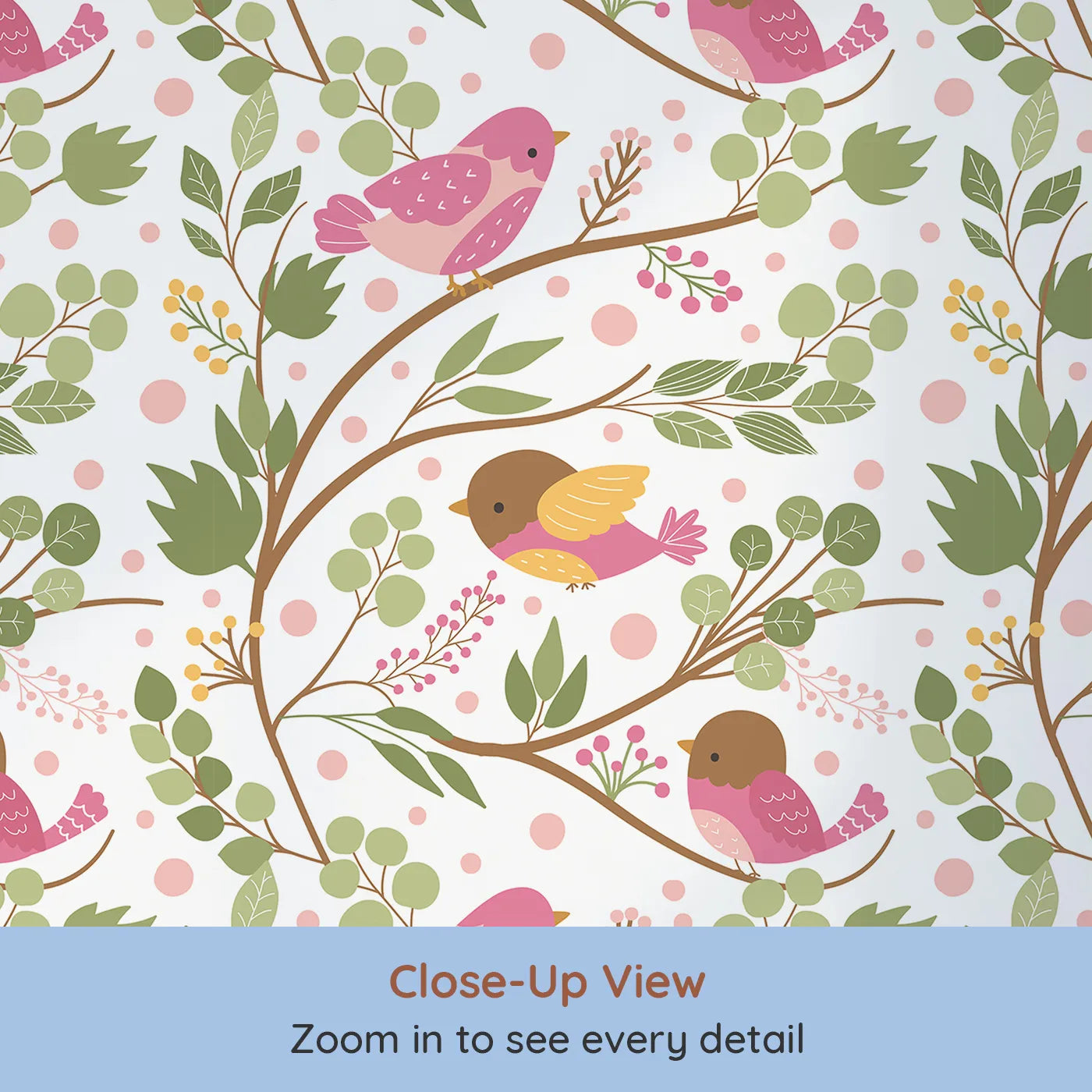 Close-up view of Whimsy Tots' Blossom Branch Birds Wallpaper in White (W3070A).Songbirds flutter along leafy branches filled with berries and pink blossoms.