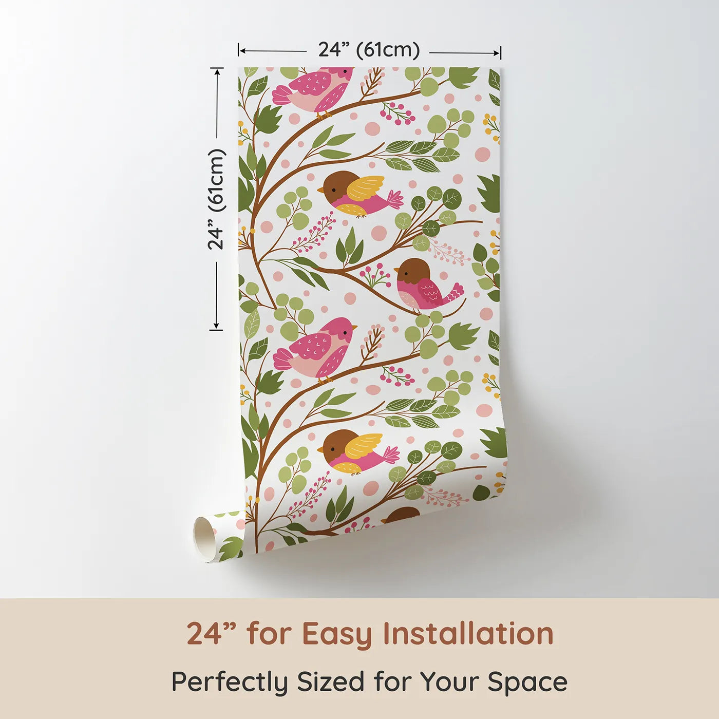 Dimension view of Whimsy Tots Blossom Branch Birds Wallpaper in White (W3070A). Printed in 24-inch-wide panel for easy installation. Songbirds flutter along leafy branches filled with berries and pink blossoms.