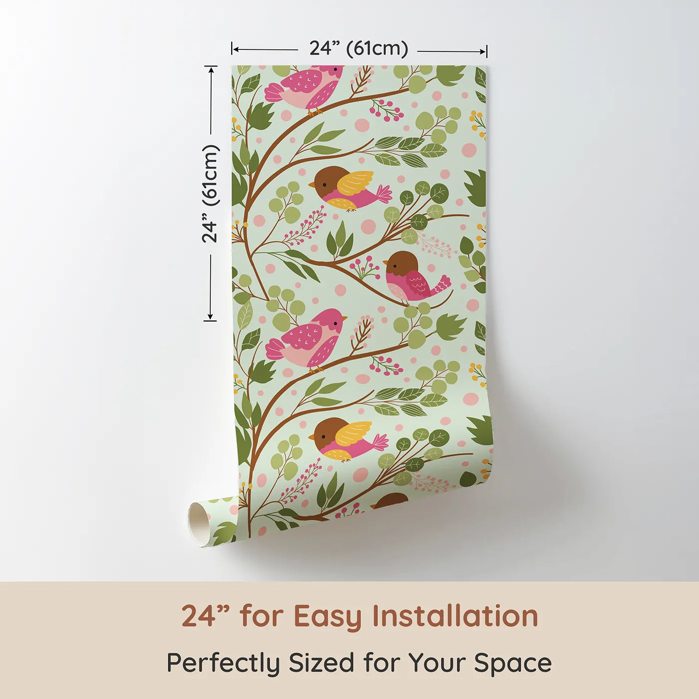 Dimension view of Whimsy Tots Blossom Branch Birds Wallpaper in Mint Green (W3070C). Printed in 24-inch-wide panel for easy installation. Bright birds perch softly on leafy vines over fresh minty green.