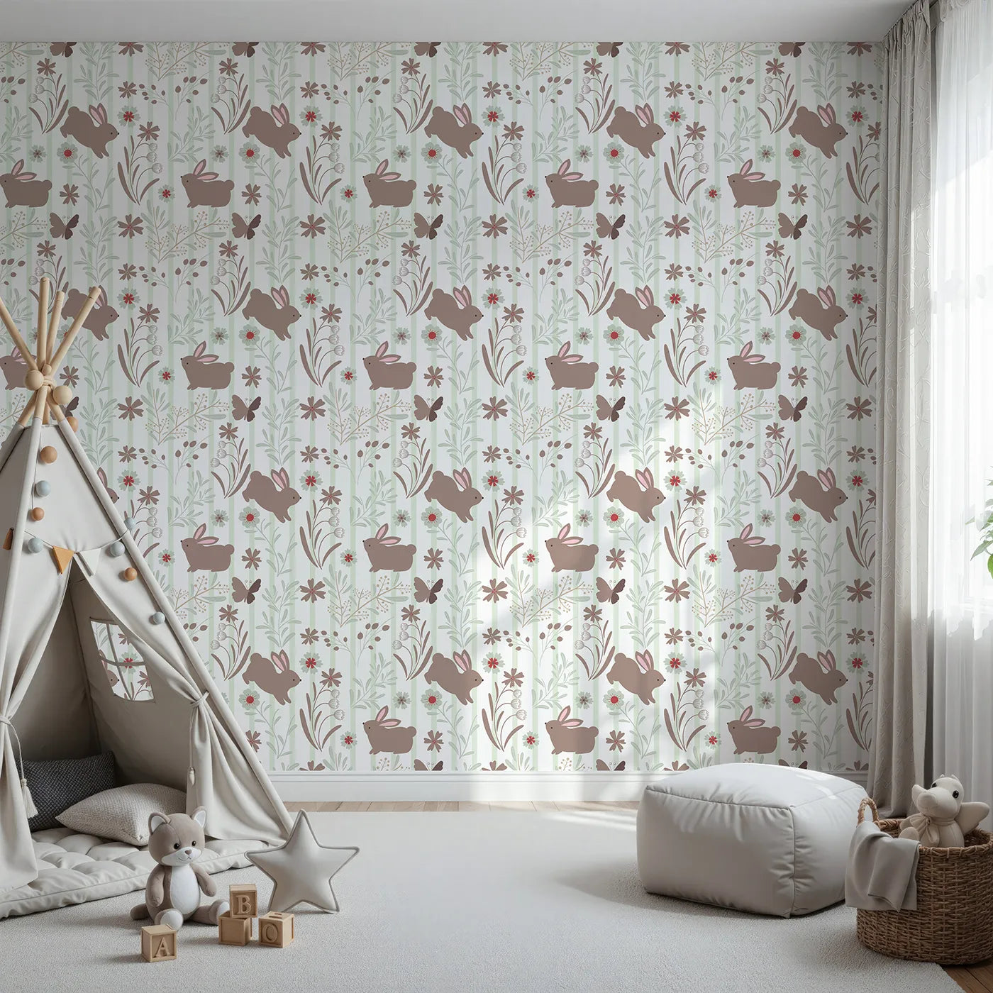 Front view of Whimsy Tots' Meadow Hop Bunnies Wallpaper in Sage Green