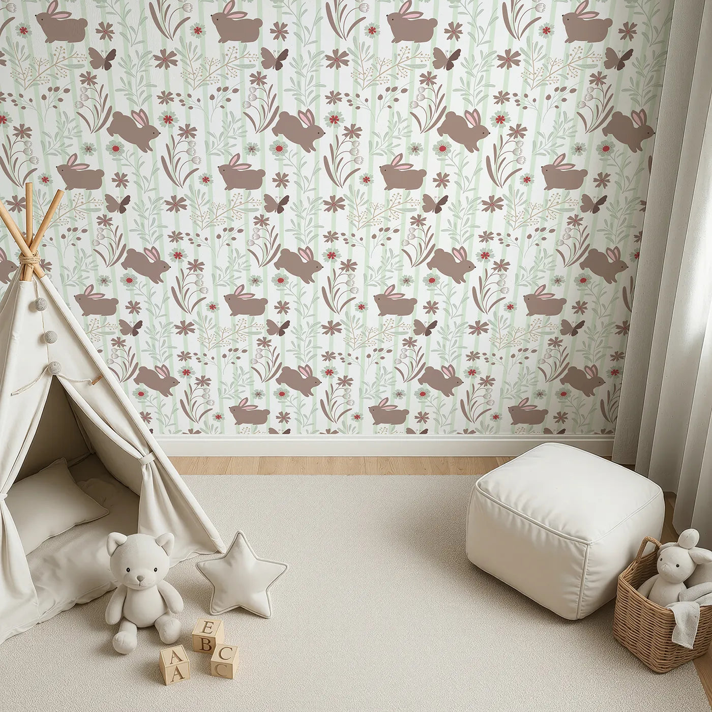 Top-Down view of Whimsy Tots' Meadow Hop Bunnies Wallpaper in Sage Green (W3071B).Soft brown bunnies and leafy greens invite gentle play and quiet moments.