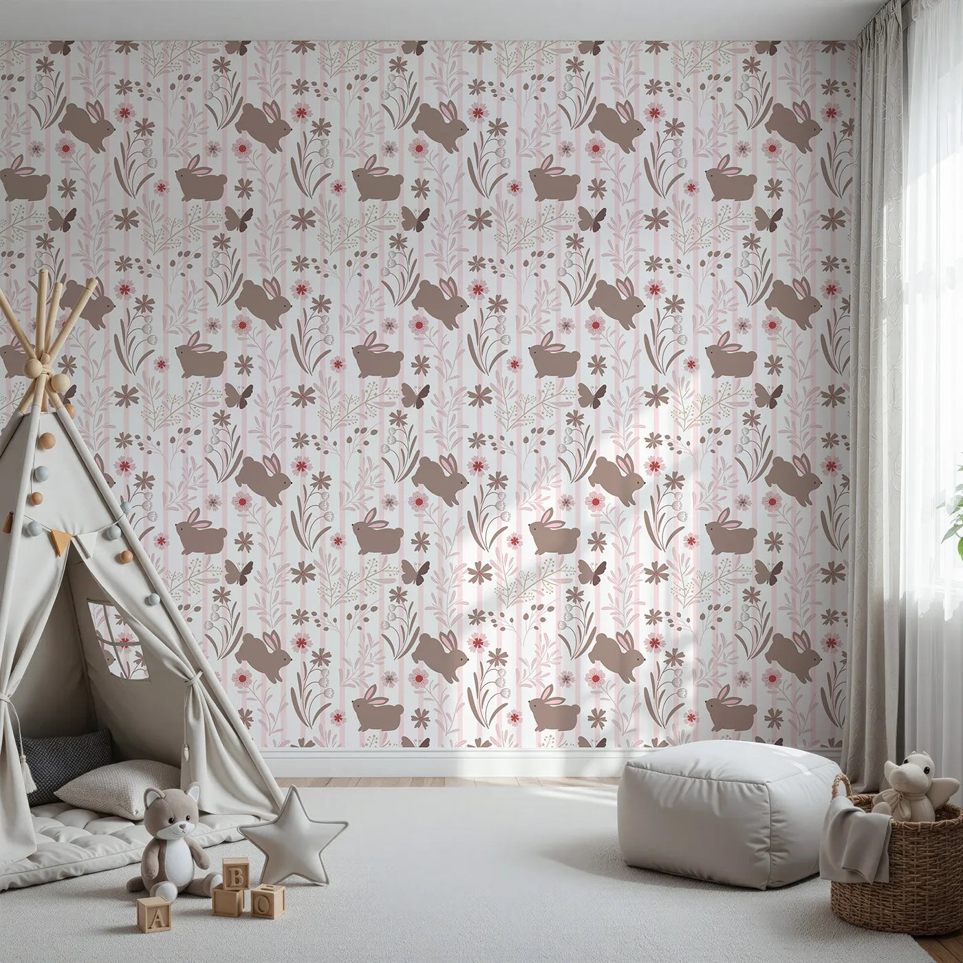 Front view of Whimsy Tots' Meadow Hop Bunnies Wallpaper in Blush Pink