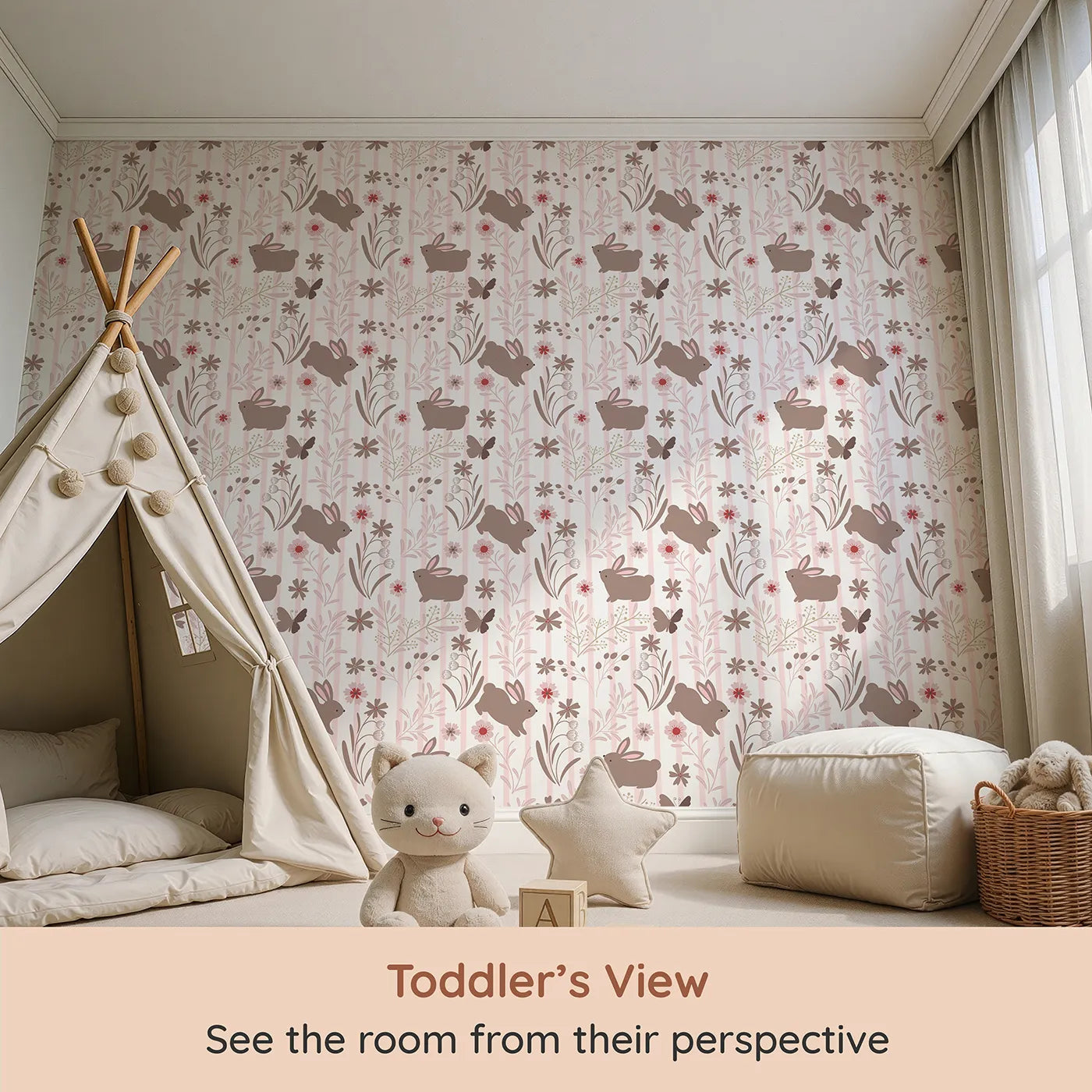 Whimsy Tots Meadow Hop Bunnies Wallpaper in Blush Pink (W3071C) from your child's view.Warm blush tones and playful bunnies turn walls into a sweet forest escape.