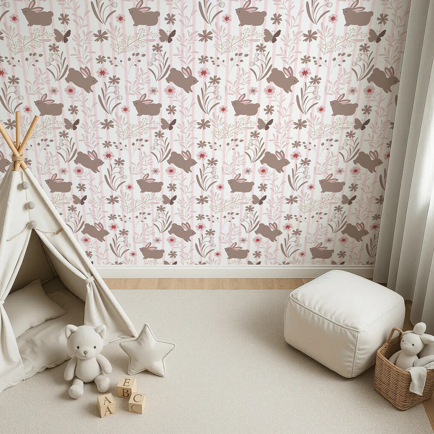 Top-Down view of Whimsy Tots' Meadow Hop Bunnies Wallpaper in Blush Pink (W3071C).Warm blush tones and playful bunnies turn walls into a sweet forest escape.