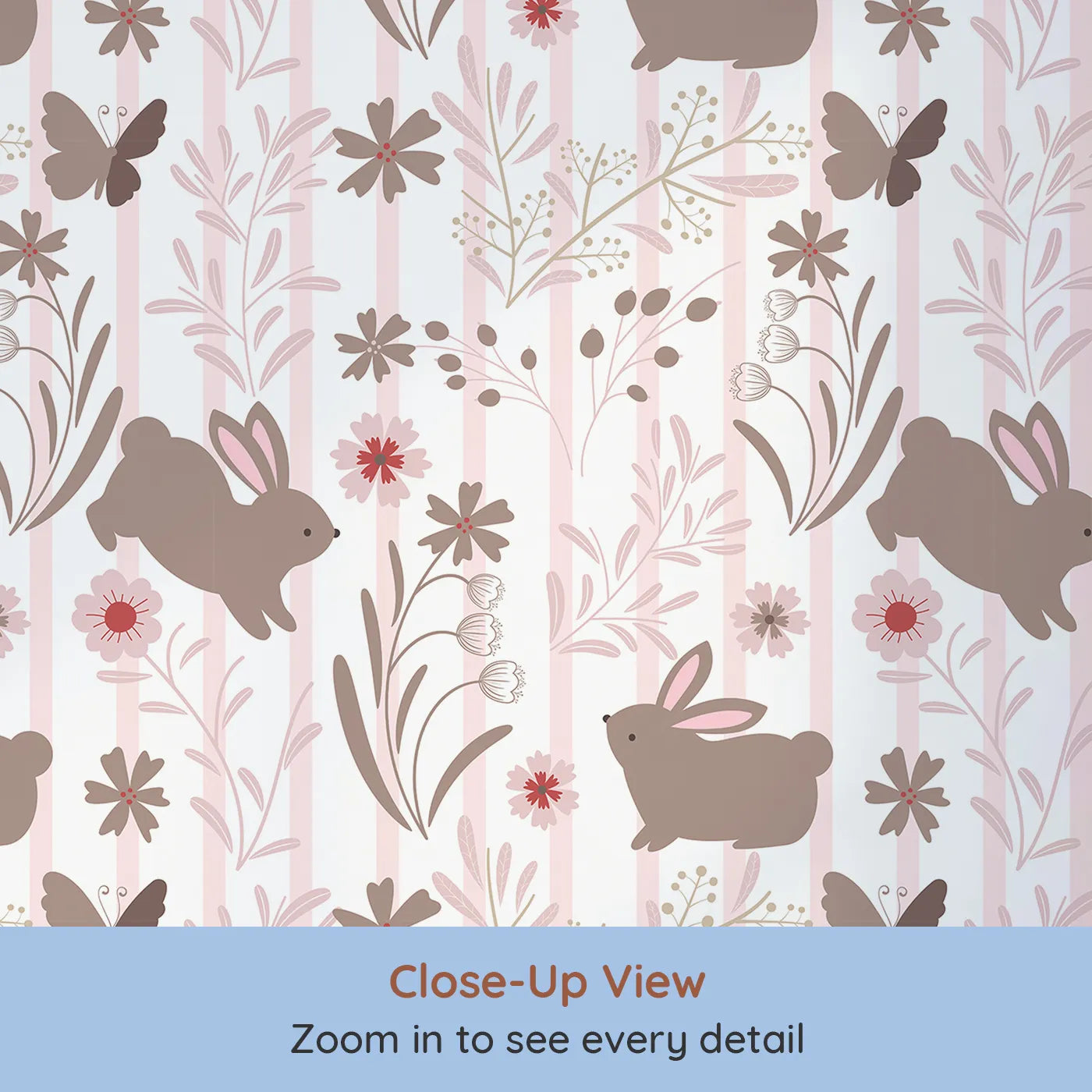 Close-up view of Whimsy Tots' Meadow Hop Bunnies Wallpaper in Blush Pink (W3071C).Warm blush tones and playful bunnies turn walls into a sweet forest escape.