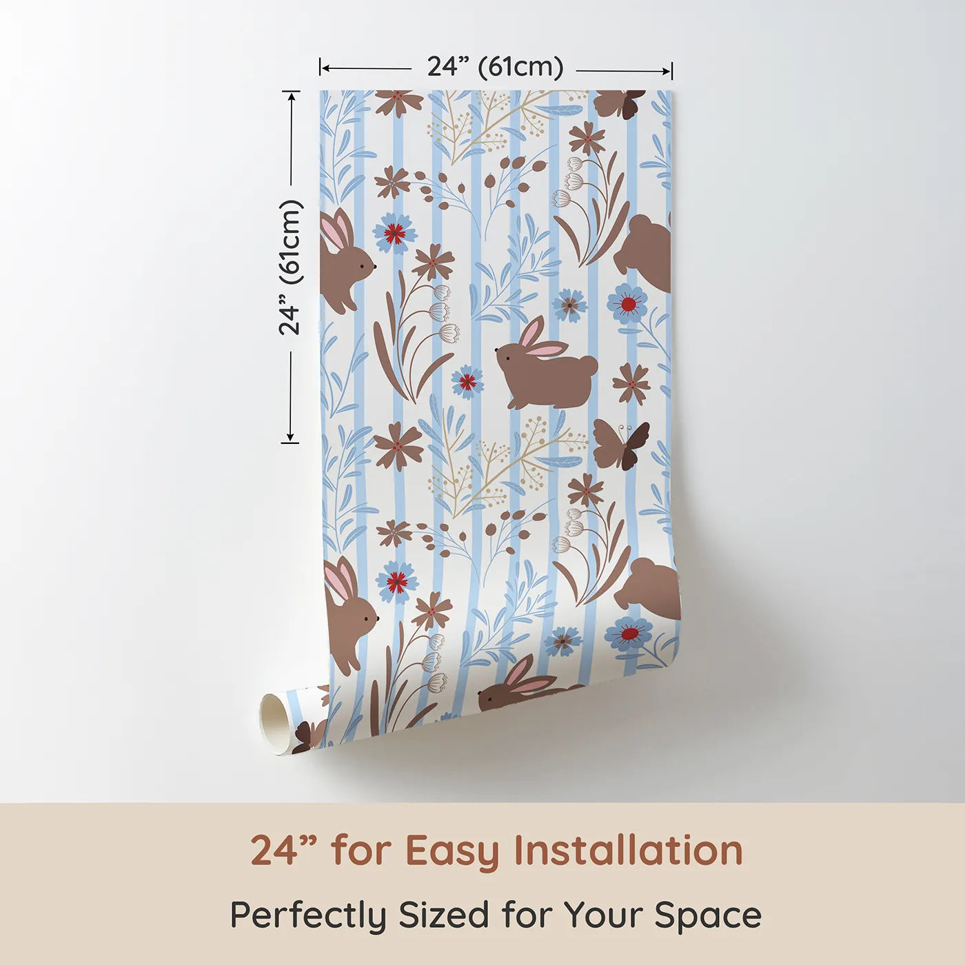 Dimension view of Whimsy Tots Meadow Hop Bunnies Wallpaper in Sky Blue (W3071D). Printed in 24-inch-wide panel for easy installation. Cool sky blues and bouncy bunnies bring freshness and joy to their space.