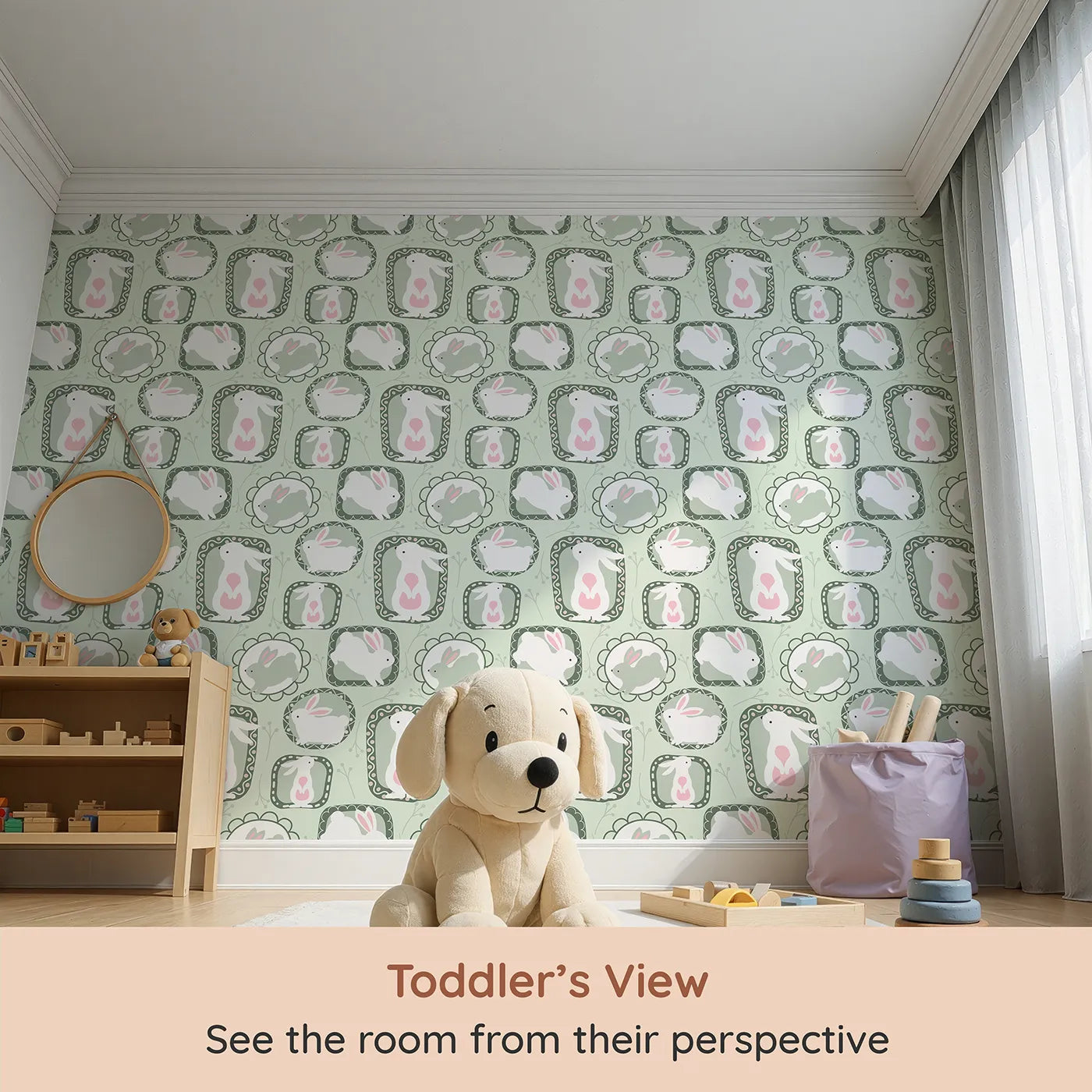 Whimsy Tots Framed Bunny Whimsy Wallpaper in Mint Green (W3072B) from your child's view.White bunnies hop through playful mint frames in a fresh woodland dream.