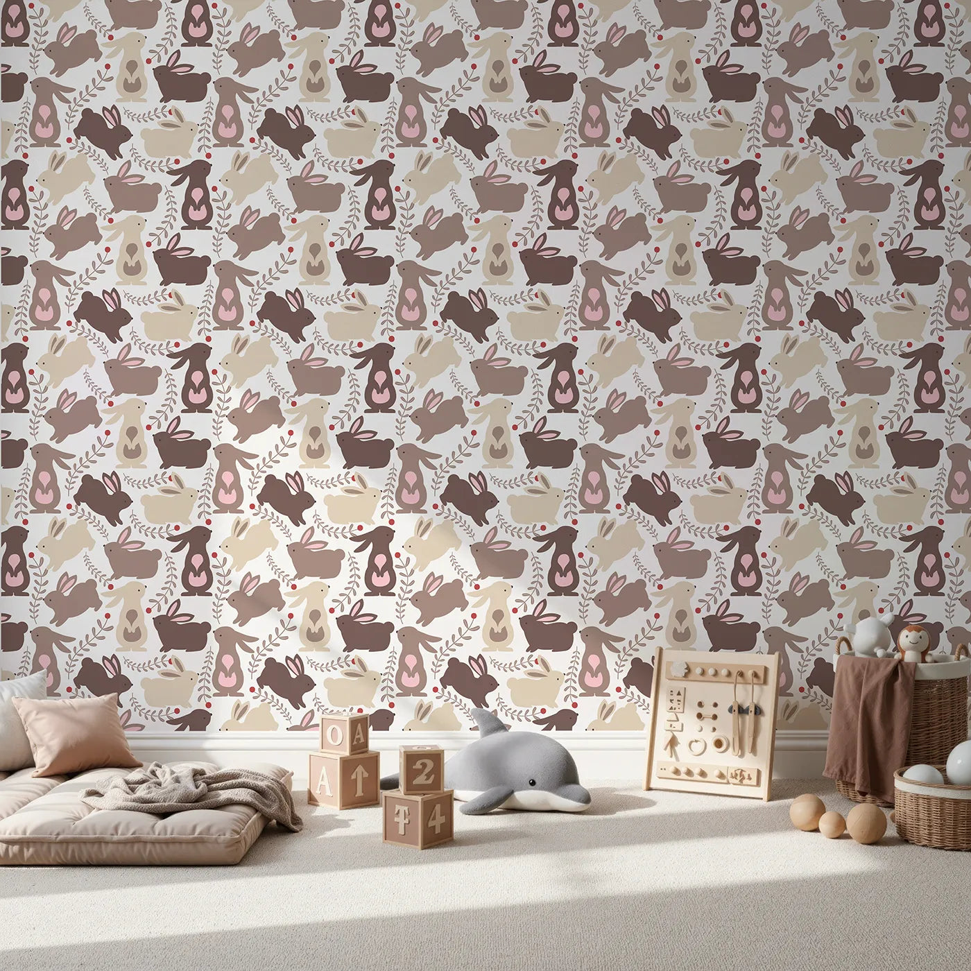 Front view of Whimsy Tots' Berry Bunny Parade Wallpaper in Cocoa