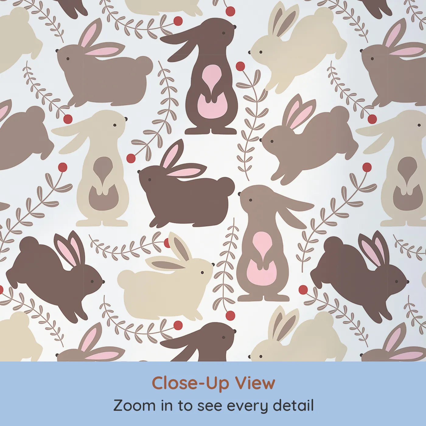 Close-up view of Whimsy Tots' Berry Bunny Parade Wallpaper in Cocoa (W3073).A joyful bunny gathering with berry sprigs and forest charm.