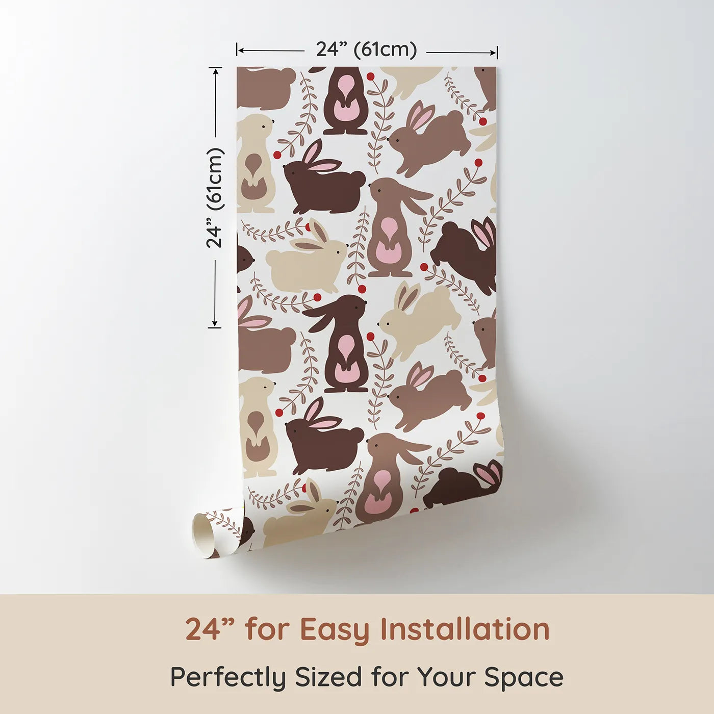 Dimension view of Whimsy Tots Berry Bunny Parade Wallpaper in Cocoa (W3073). Printed in 24-inch-wide panel for easy installation. A joyful bunny gathering with berry sprigs and forest charm.