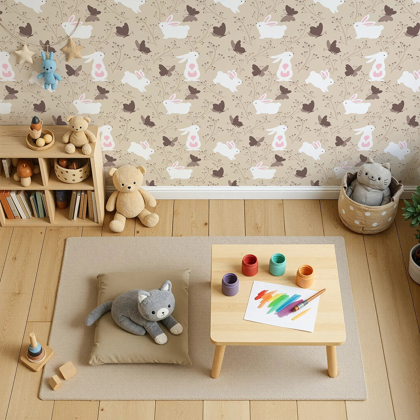 Top-Down view of Whimsy Tots' Bunny and Butterfly Meadow Wallpaper in Beige (W3074A).White bunnies and cocoa butterflies flutter through a peaceful beige garden.