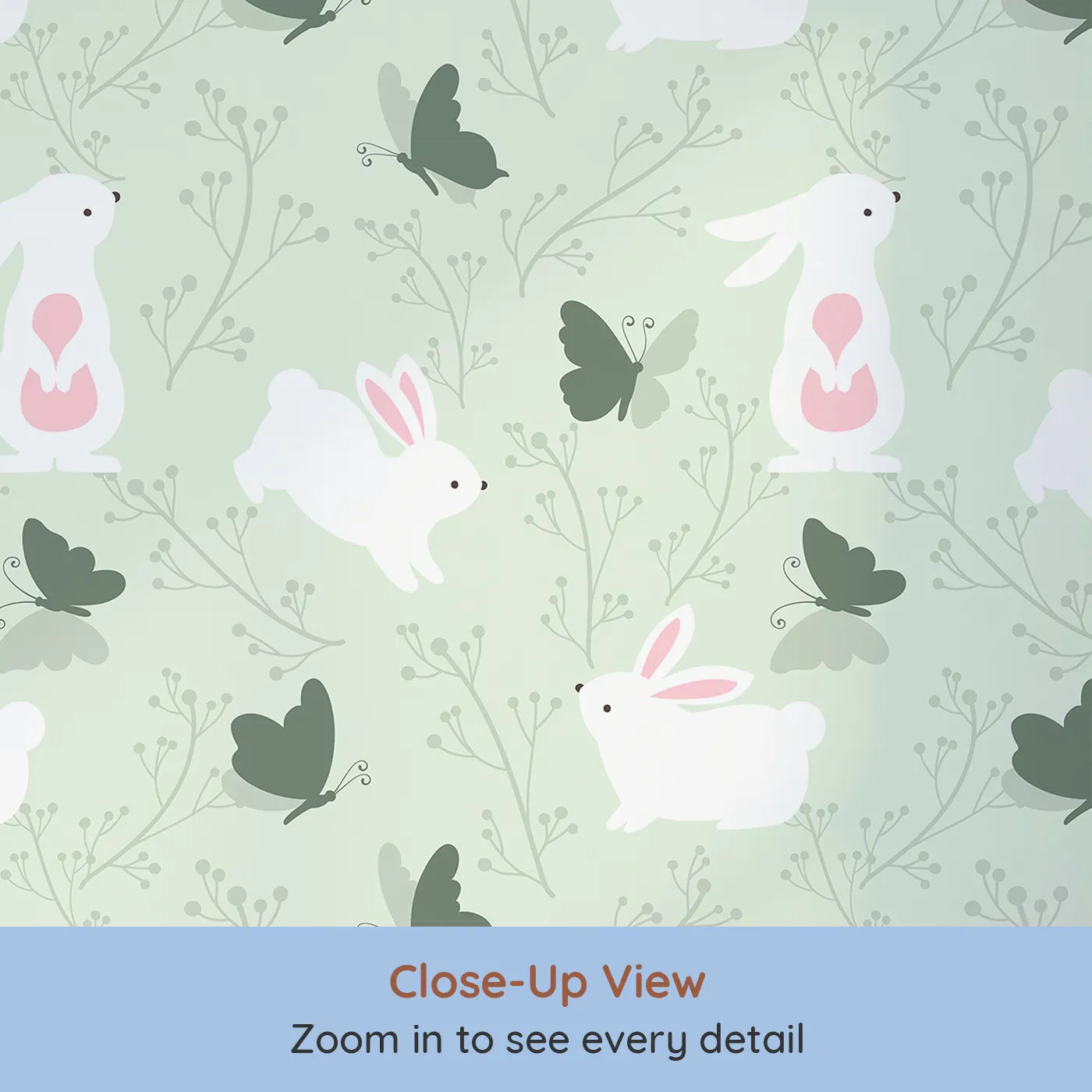 Close-up view of Whimsy Tots' Bunny and Butterfly Meadow Wallpaper in Mint Green (W3074B).White bunnies and forest butterflies play among gentle green twigs.