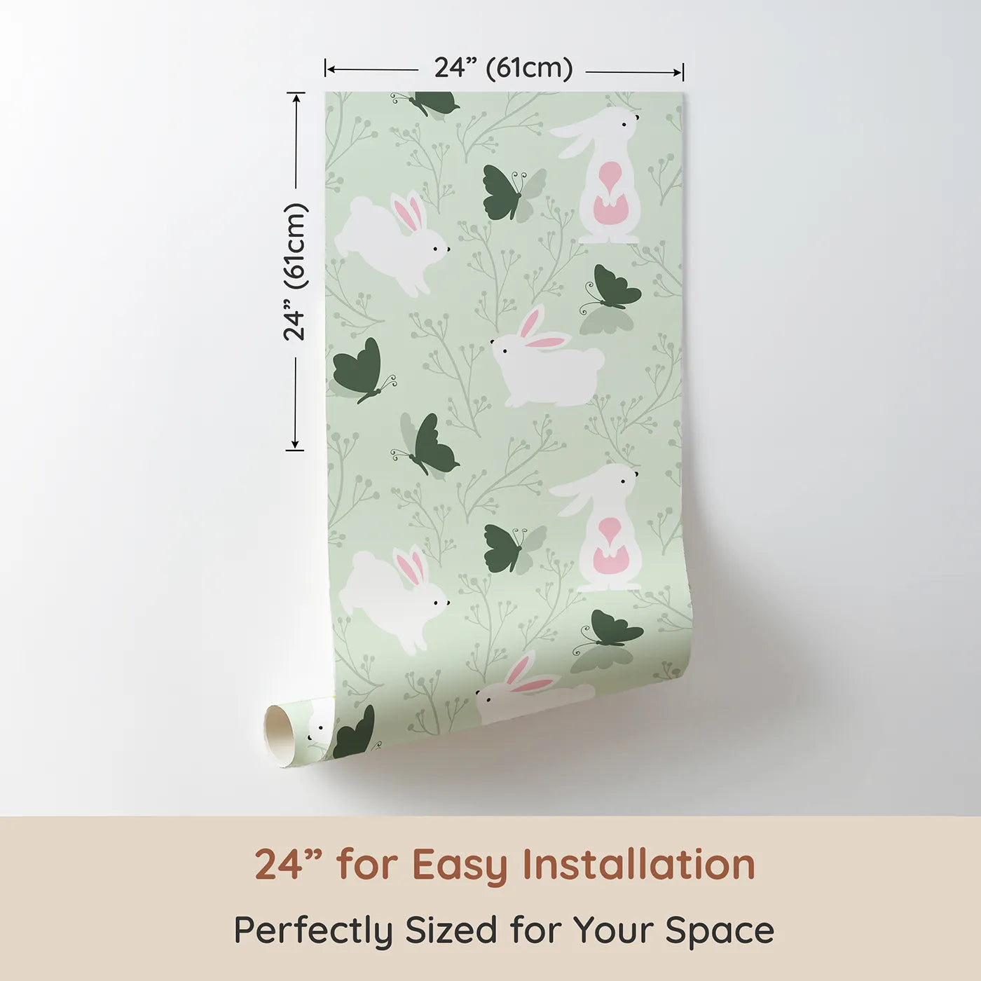 Dimension view of Whimsy Tots Bunny and Butterfly Meadow Wallpaper in Mint Green (W3074B). Printed in 24-inch-wide panel for easy installation. White bunnies and forest butterflies play among gentle green twigs.