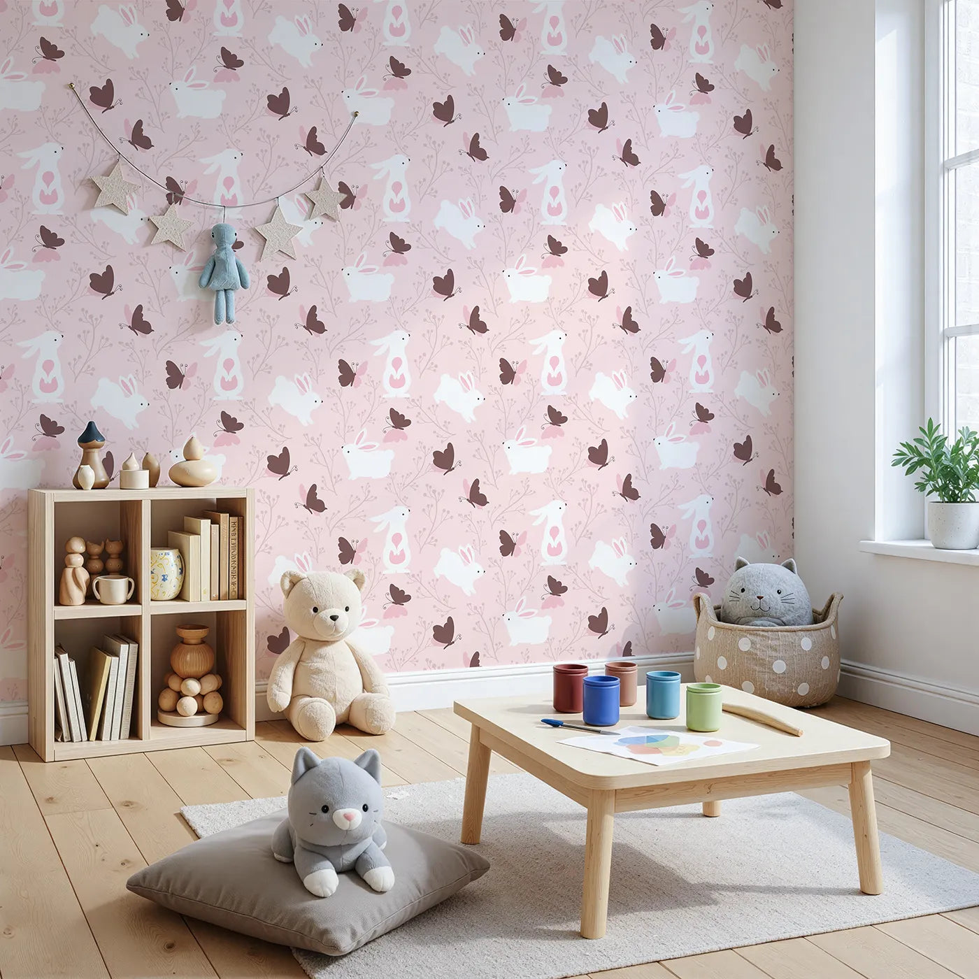 Angled view of Whimsy Tots' Bunny and Butterfly Meadow Wallpaper in Blush Pink (W3074C).White bunnies and chocolate butterflies dance through a rosy pink garden.