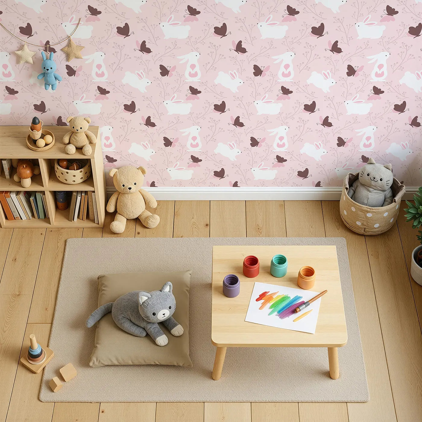 Top-Down view of Whimsy Tots' Bunny and Butterfly Meadow Wallpaper in Blush Pink (W3074C).White bunnies and chocolate butterflies dance through a rosy pink garden.