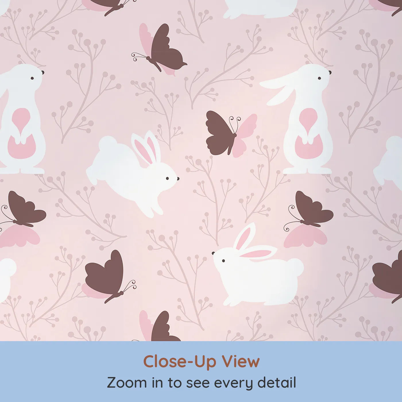 Close-up view of Whimsy Tots' Bunny and Butterfly Meadow Wallpaper in Blush Pink (W3074C).White bunnies and chocolate butterflies dance through a rosy pink garden.