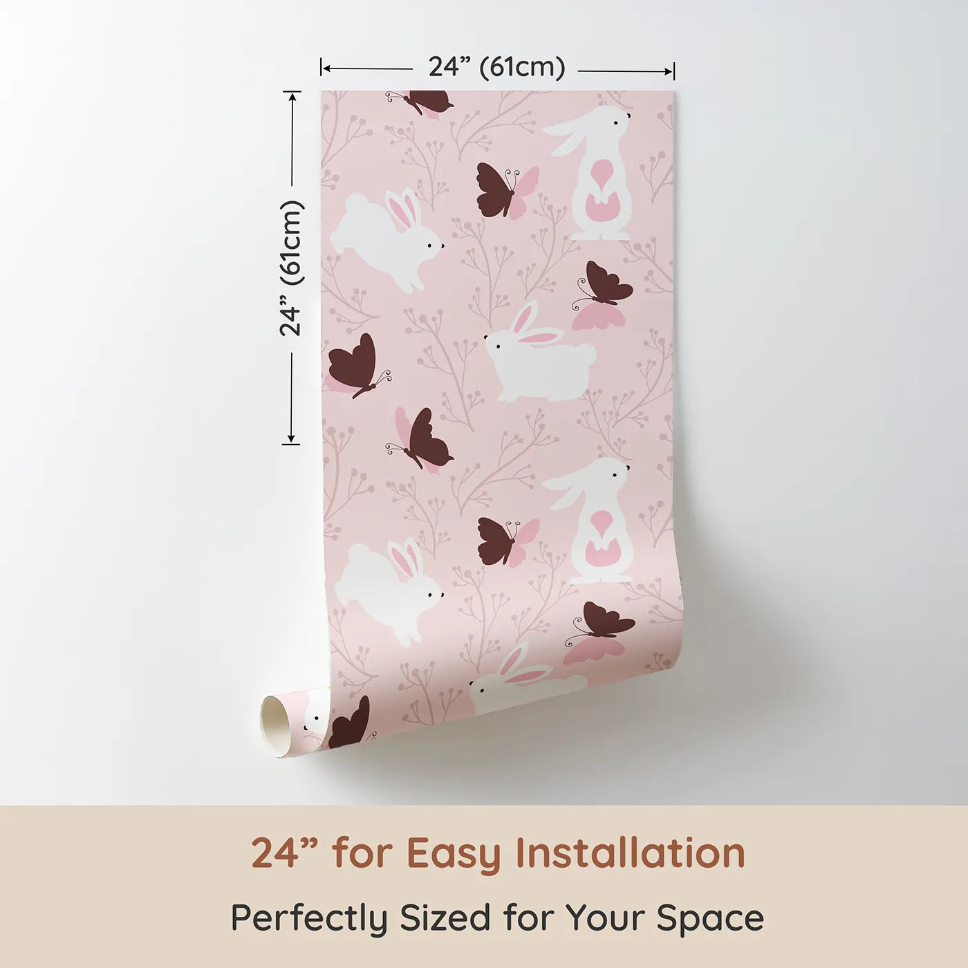 Dimension view of Whimsy Tots Bunny and Butterfly Meadow Wallpaper in Blush Pink (W3074C). Printed in 24-inch-wide panel for easy installation. White bunnies and chocolate butterflies dance through a rosy pink garden.