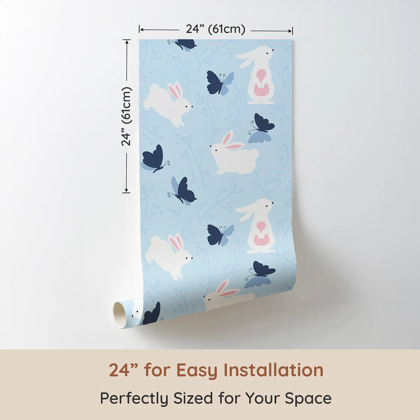 Dimension view of Whimsy Tots Bunny and Butterfly Meadow Wallpaper in Blue (W3074D). Printed in 24-inch-wide panel for easy installation. White bunnies and blue butterflies flutter through a peaceful field.