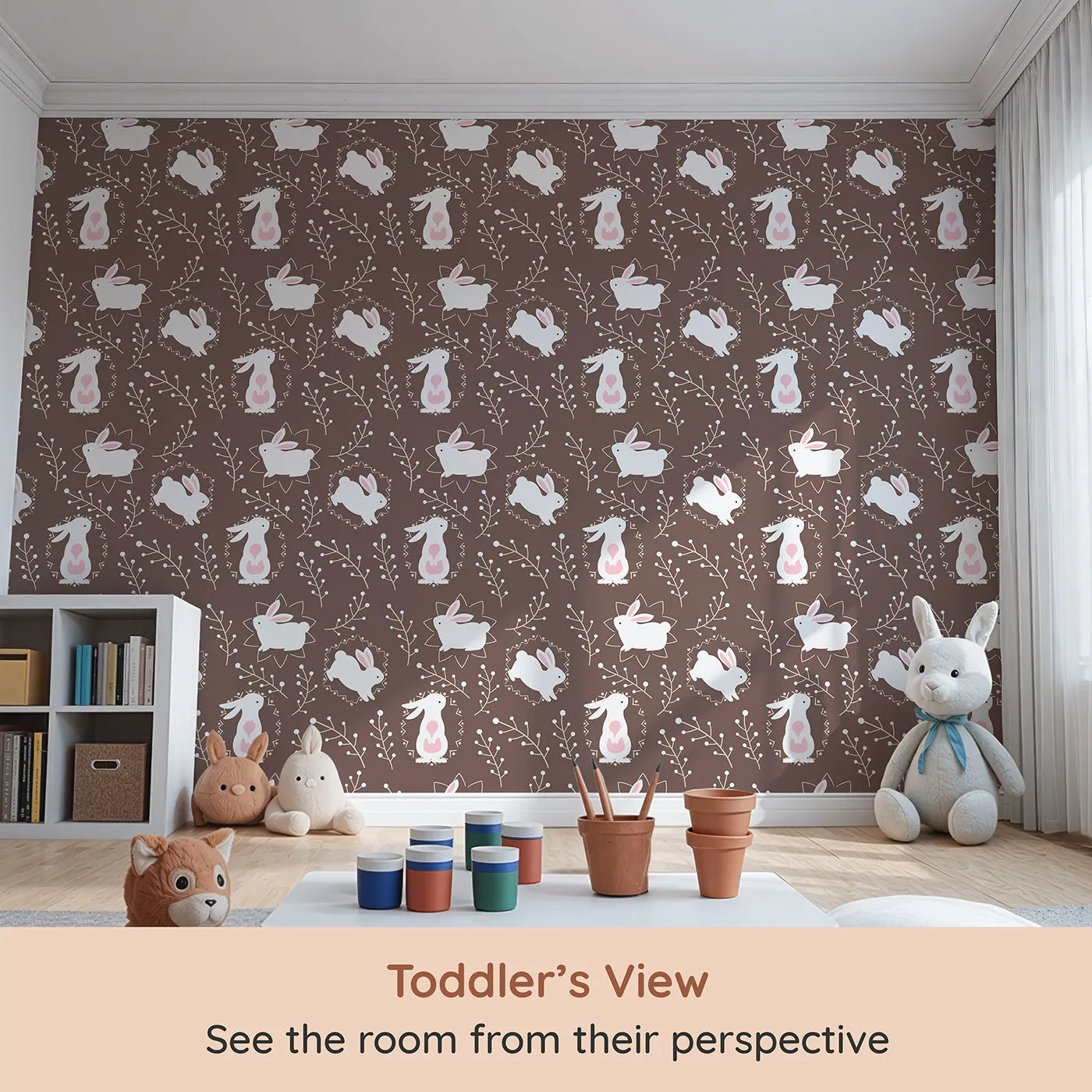 Whimsy Tots Tribal Bunny Sprigs Wallpaper in Cocoa Brown (W3075A) from your child's view.White bunnies with tribal accents hop through a cocoa-brown forest of sprigs.