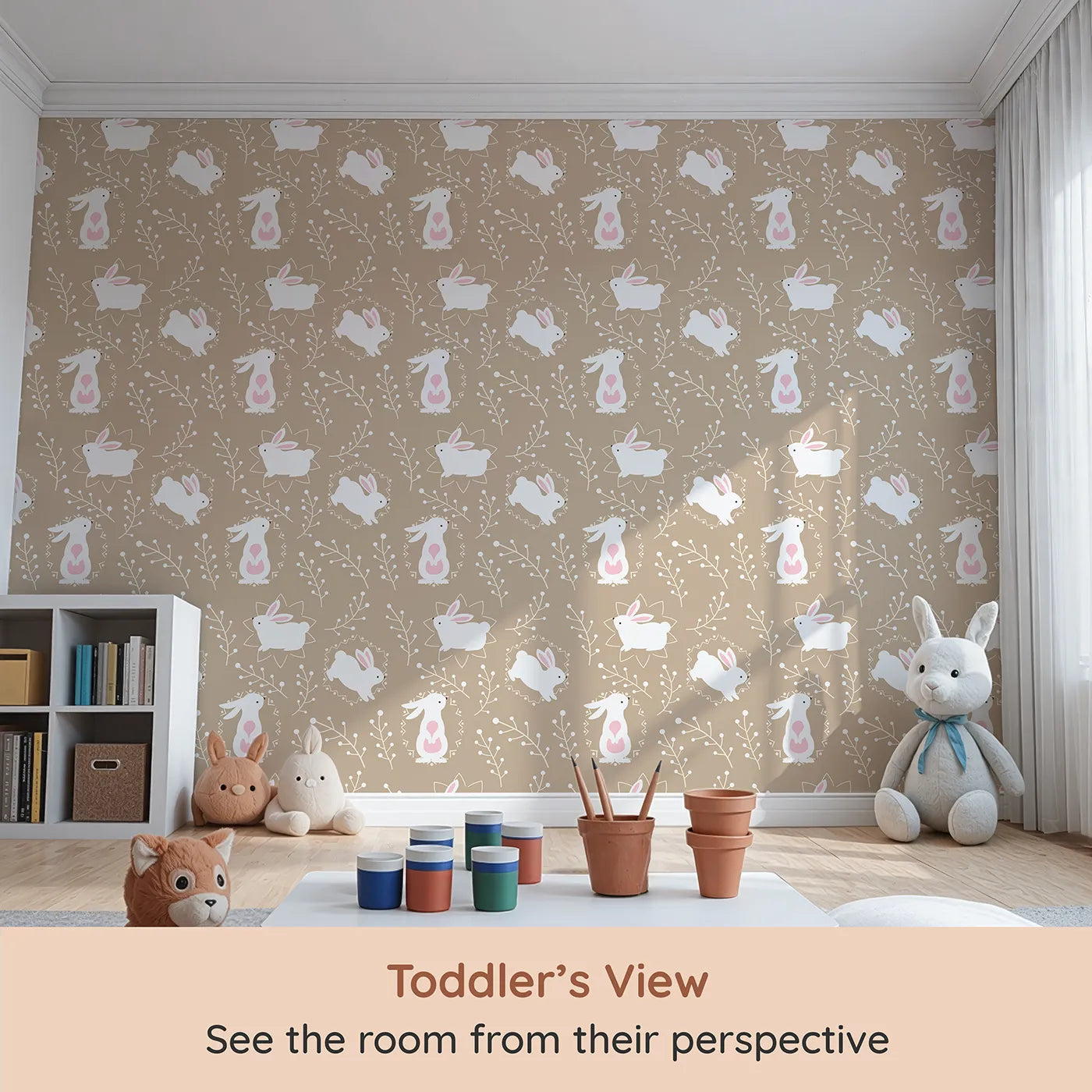 Whimsy Tots Tribal Bunny Sprigs Wallpaper in Taupe Beige (W3075B) from your child's view.White bunnies and tribal patterns nestle among creamy taupe sprigs.