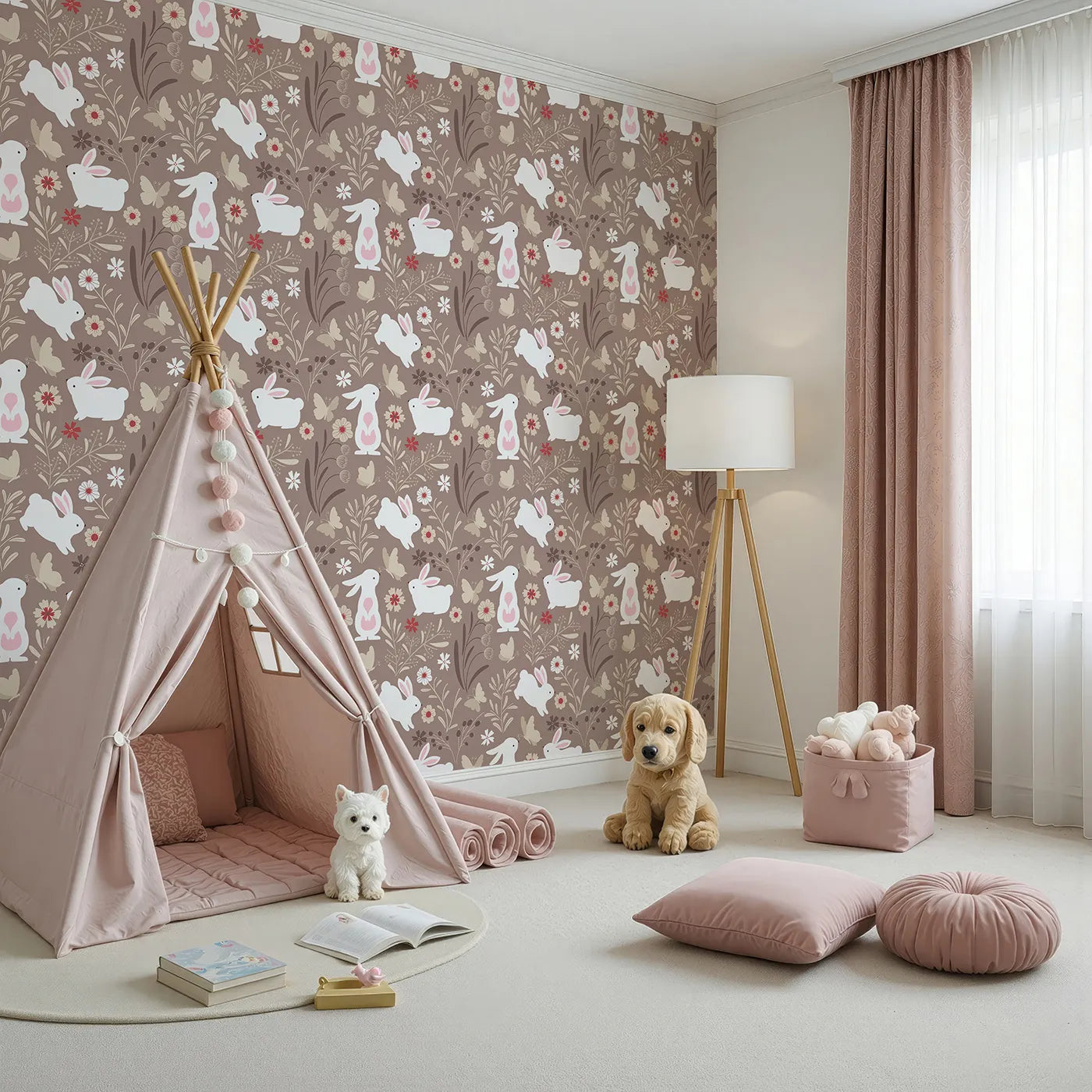 Angled view of Whimsy Tots' Wild Meadow Bunny Garden Wallpaper in Cocoa (W3076).White bunnies and fluttering butterflies explore a cocoa-colored woodland bloom.