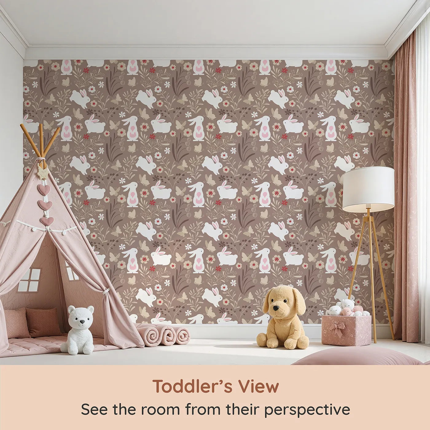 Whimsy Tots Wild Meadow Bunny Garden Wallpaper in Cocoa (W3076) from your child's view.White bunnies and fluttering butterflies explore a cocoa-colored woodland bloom.