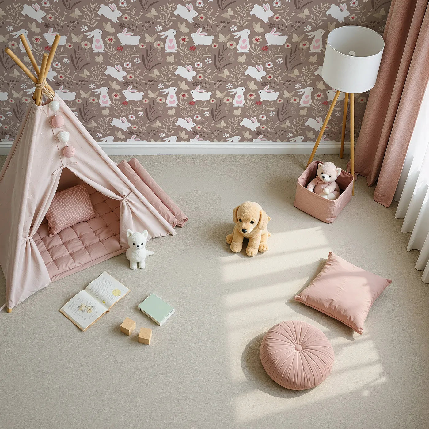 Top-Down view of Whimsy Tots' Wild Meadow Bunny Garden Wallpaper in Cocoa (W3076).White bunnies and fluttering butterflies explore a cocoa-colored woodland bloom.