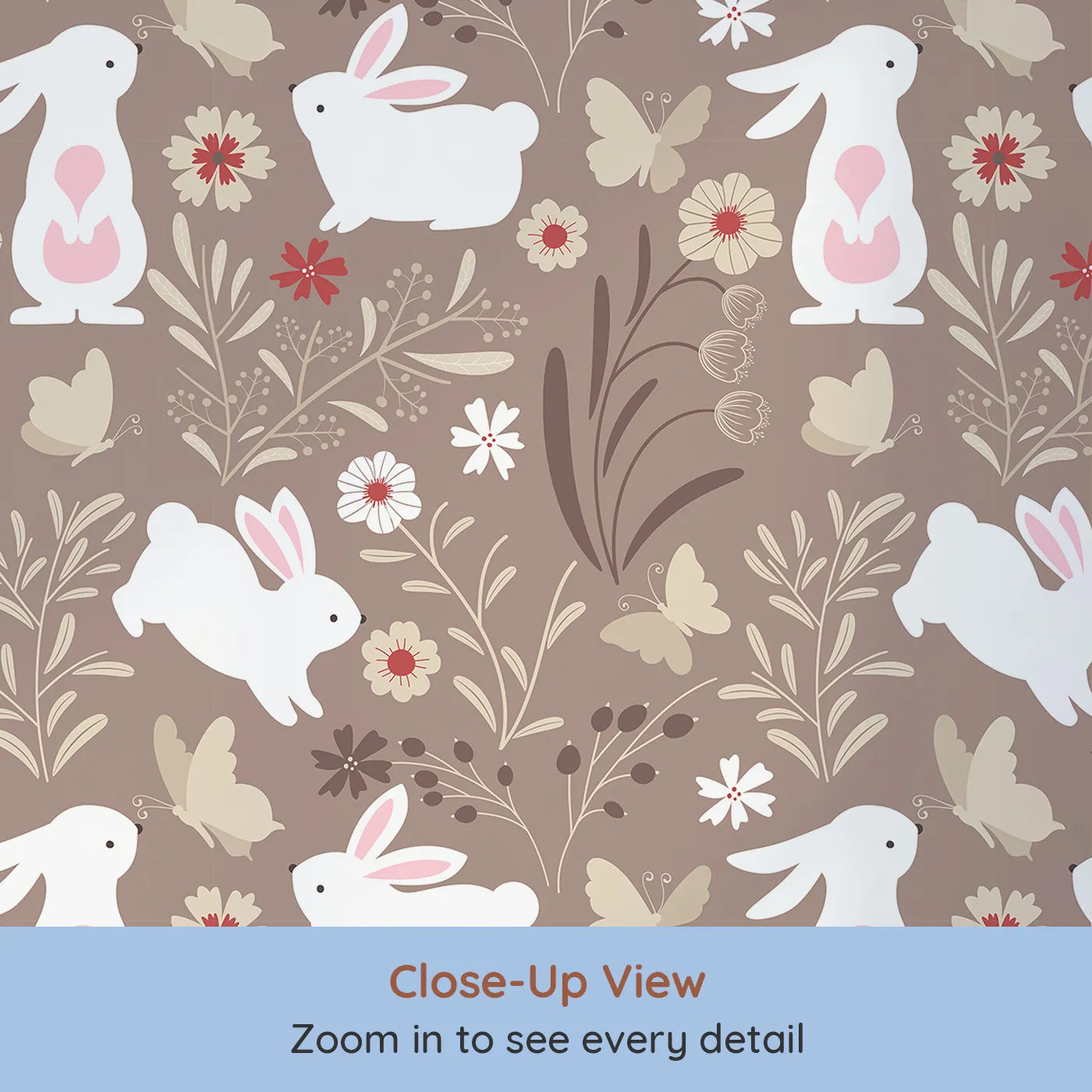Close-up view of Whimsy Tots' Wild Meadow Bunny Garden Wallpaper in Cocoa (W3076).White bunnies and fluttering butterflies explore a cocoa-colored woodland bloom.