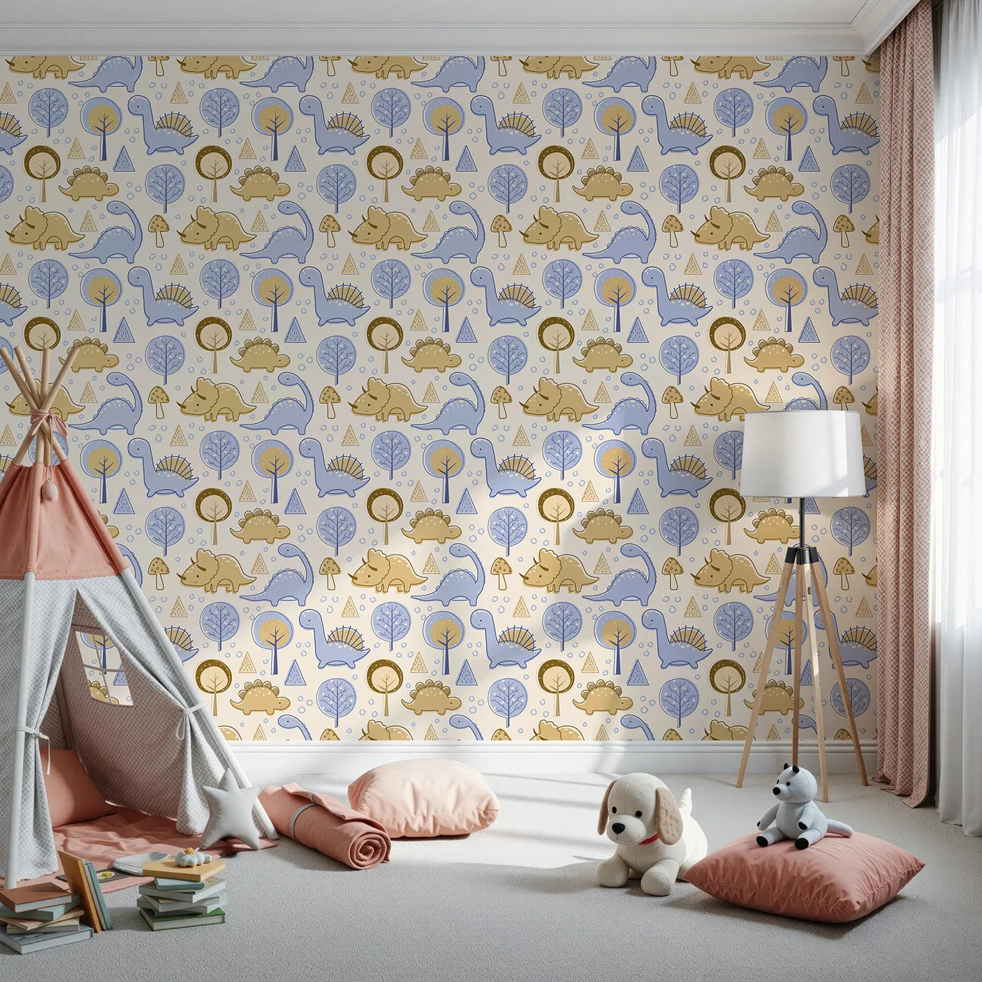 Front view of Whimsy Tots' Jurassic Forest Friends Wallpaper in Cream