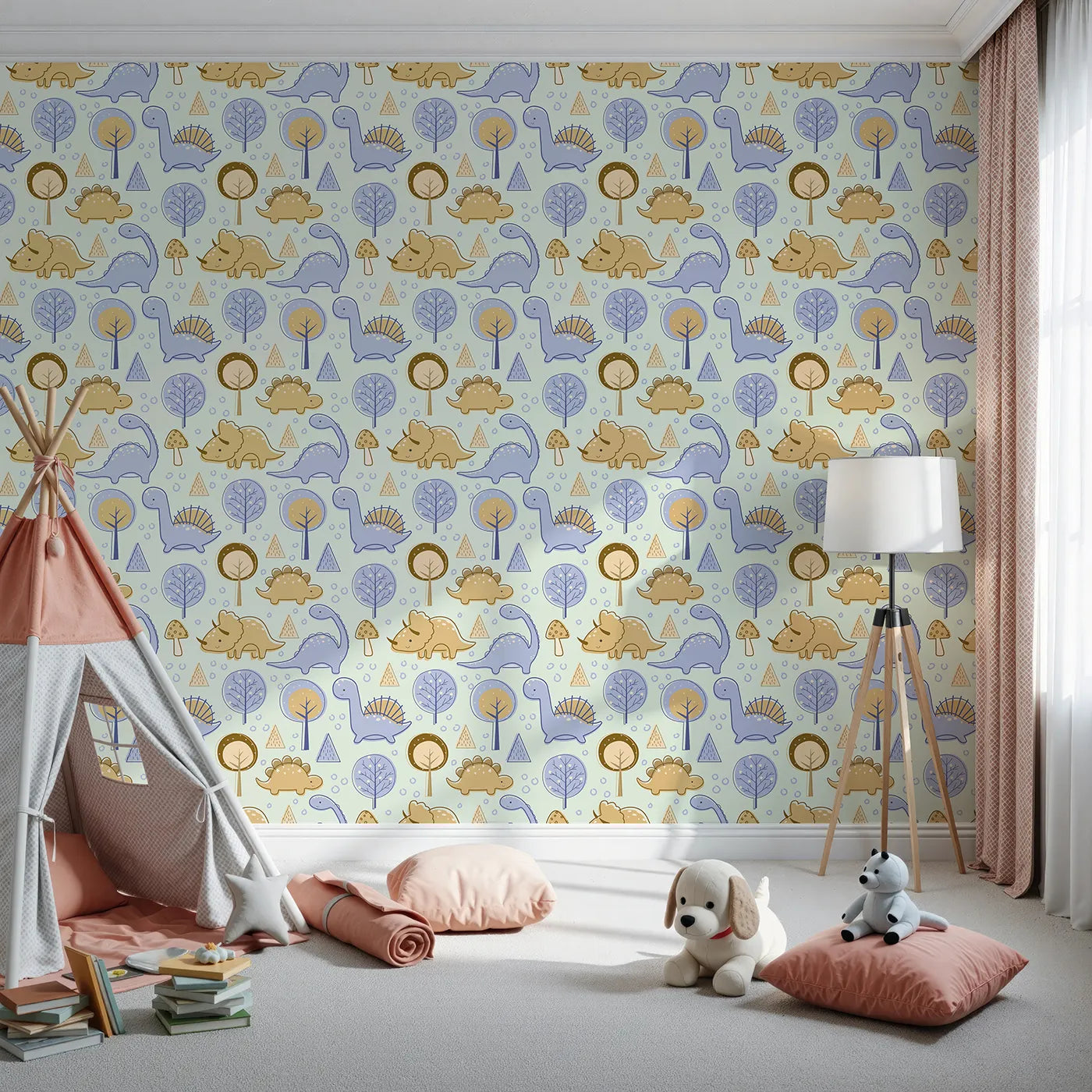 Front view of Whimsy Tots' Jurassic Forest Friends Wallpaper in Mint Green