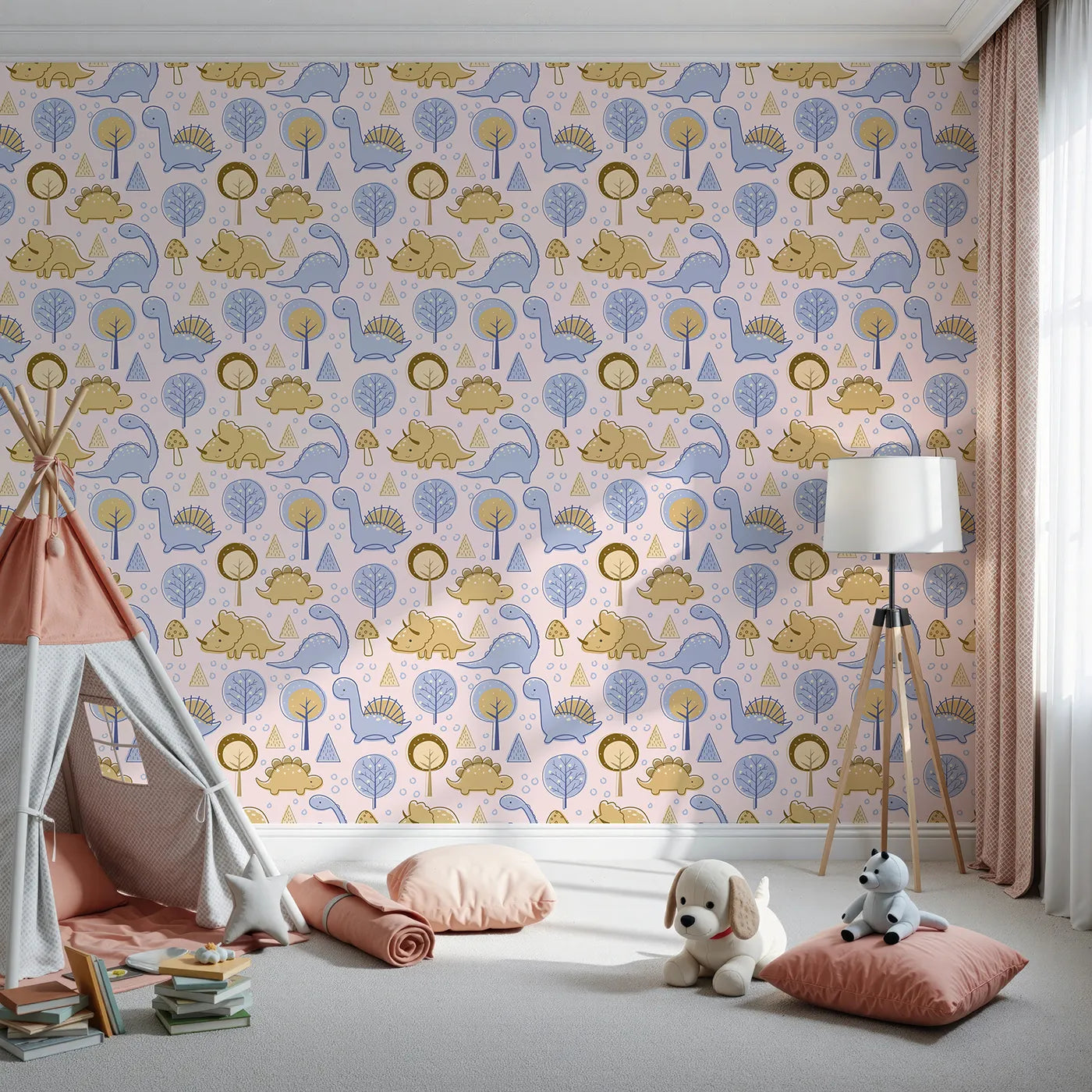 Front view of Whimsy Tots' Jurassic Forest Friends Wallpaper in Blush Pink