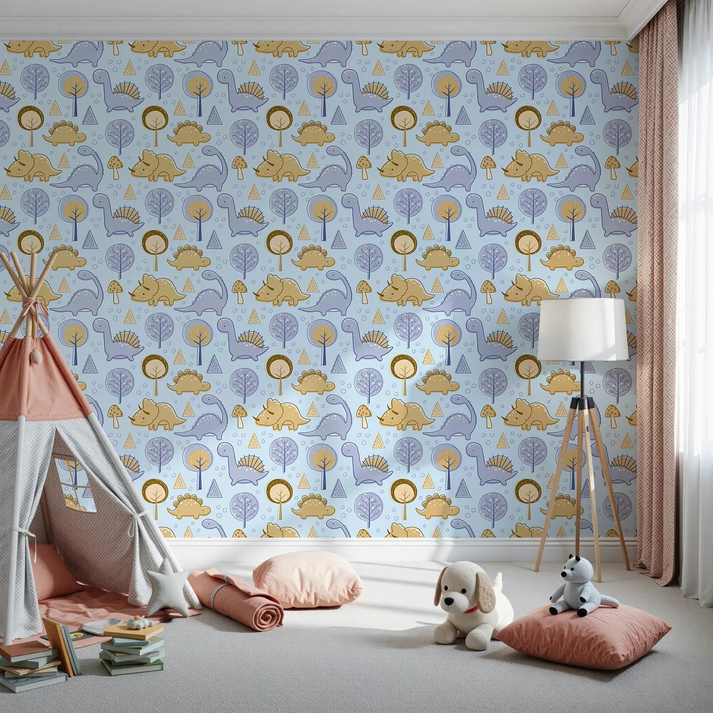 Front view of Whimsy Tots' Jurassic Forest Friends Wallpaper in Sky Blue