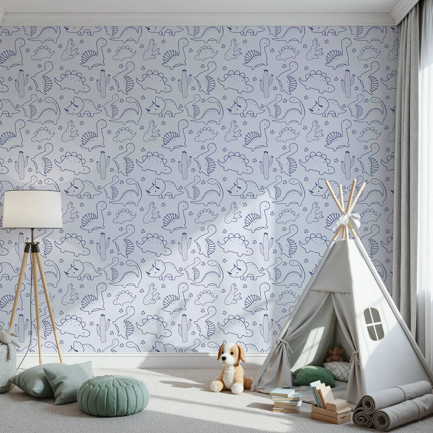Front view of Whimsy Tots' Desert Dino Parade Wallpaper in Sky Blue